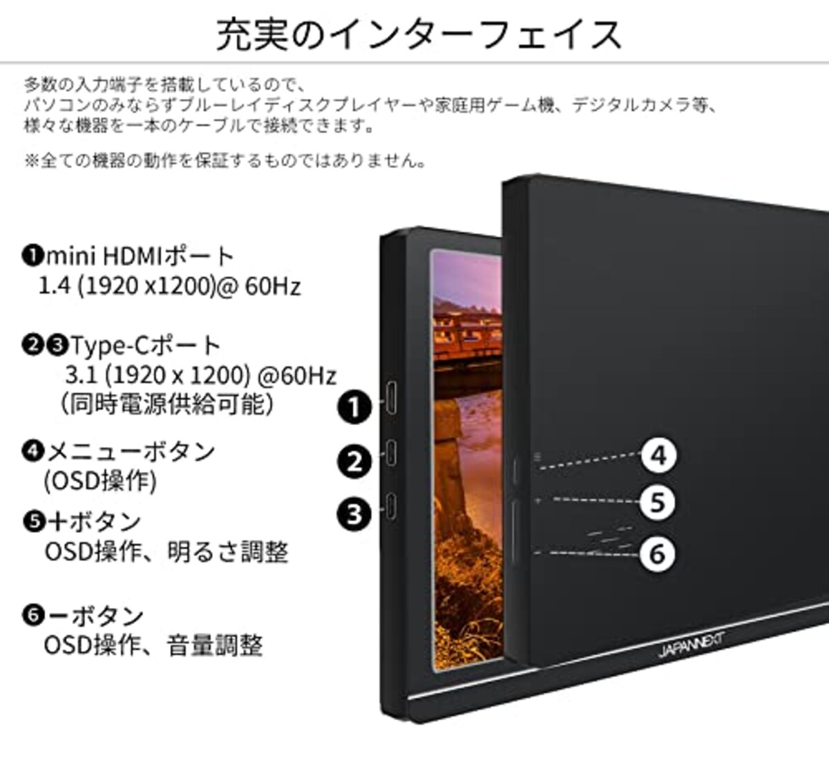  JAPANNEXT JN-MD-IPS1012HDR 10.1インチ 1920x1200解像度 モバイルモニター USB Type-C miniHDMI画像4 