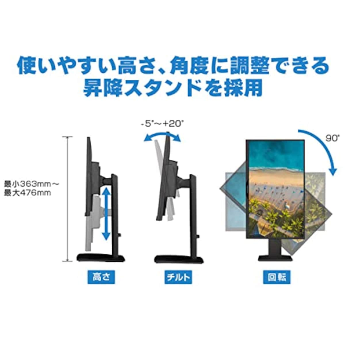  グリーンハウス モニター 21.5インチ ワイド液晶ディスプレイ フルHD 昇降スタンド付き スピーカー内蔵 ブルーライトカット 省エネ VESA規格 5年保証 GH-ELCW22LH-BK画像3 