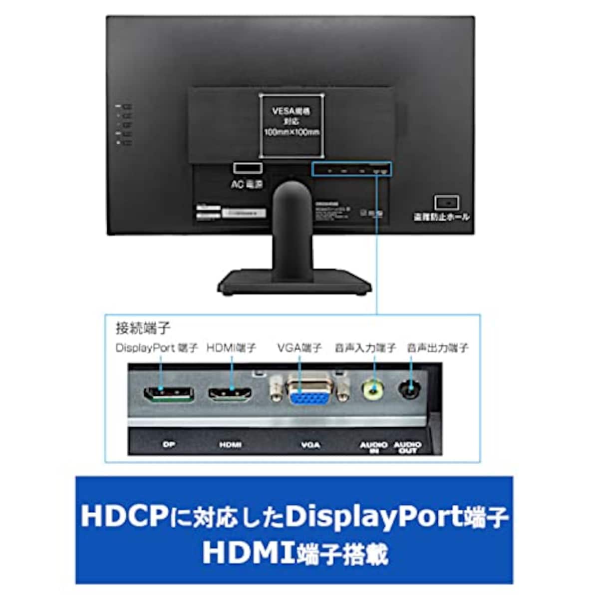  グリーンハウス モニター 27インチ ワイド液晶ディスプレイ フルHD VGA/HDCP対応 DisplayPort HDMI搭載 ブルーライトカット スピーカー内蔵 VESA規格 5年保証 GH-LCW27C-BK画像6 