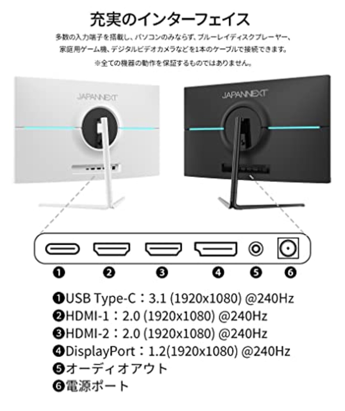  JapanNext 23.8インチ 240Hz 対応ゲーミングモニター (ホワイト)JN-238GT240FHDR-CW HDMI DP USB-C画像6 