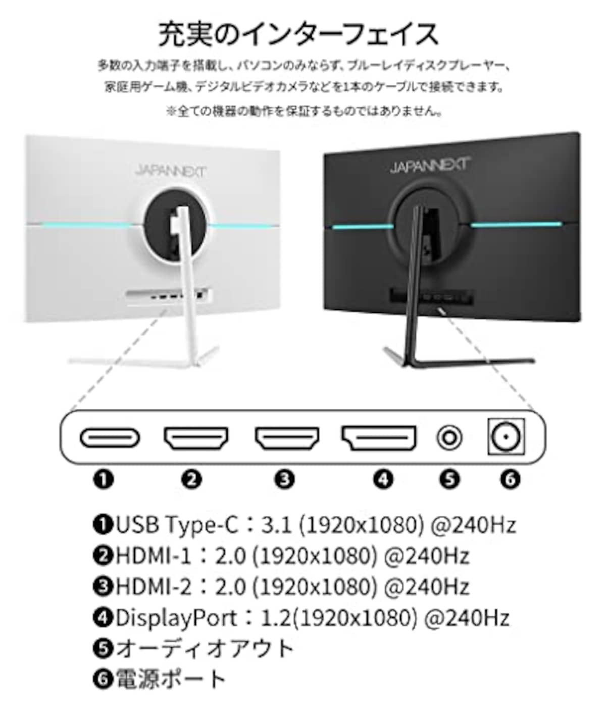  JapanNext 23.8インチ 240Hz 対応ゲーミングモニター (ホワイト)JN-238GT240FHDR-CW HDMI DP USB-C画像6 