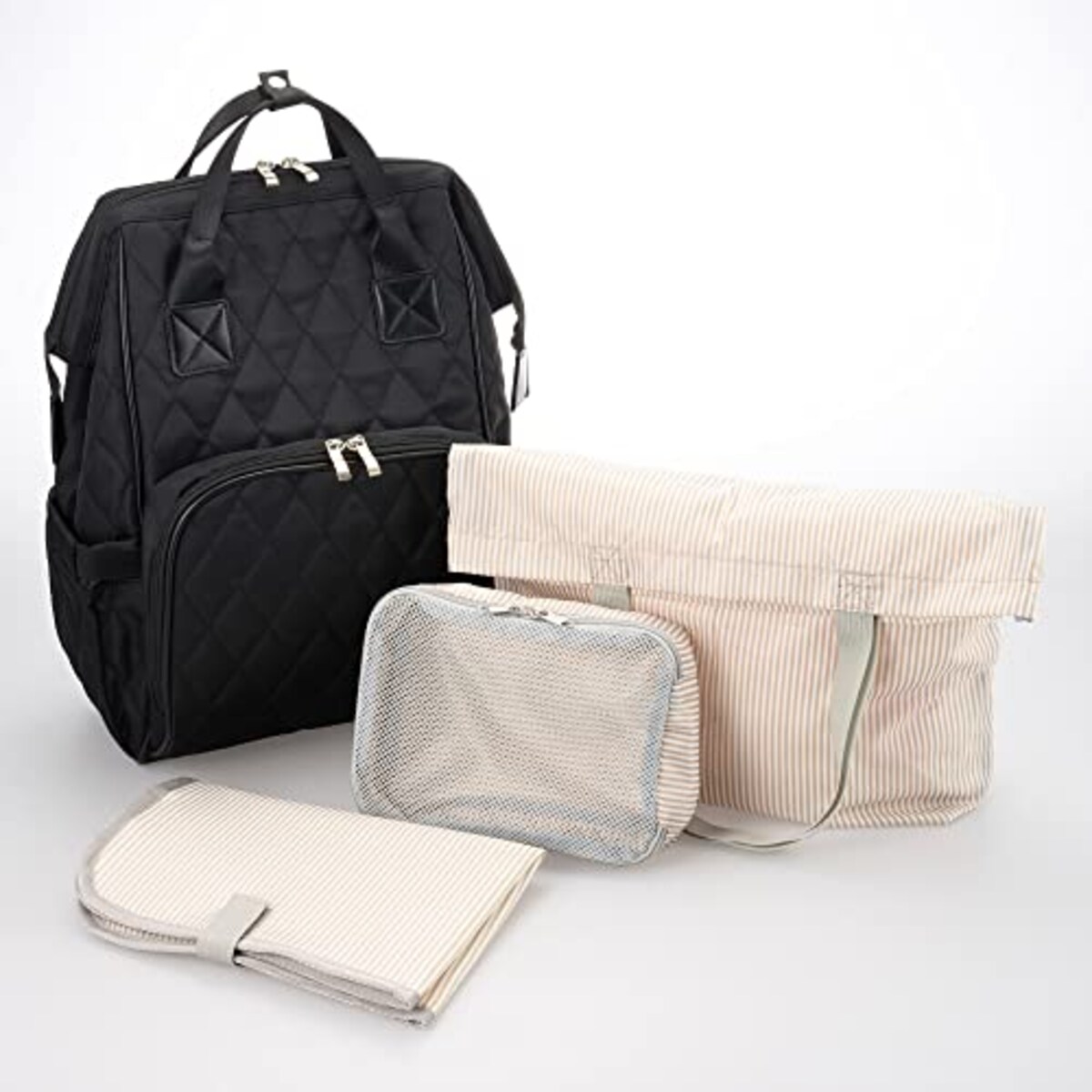  ハクバ HAKUBA マザーズバッグ MOTHERLY BAG GAMAGUCHI AMZMTHG がま口タイプで中身が見やすい 14リットル トートバッグ、おむつ替えシート、メッシュポーチ付きの4点セット ママバッグ リュック バックパック 大容量 保温機能 撥水生地採用 ベビーカー用ストラップ付 ブラック画像15 