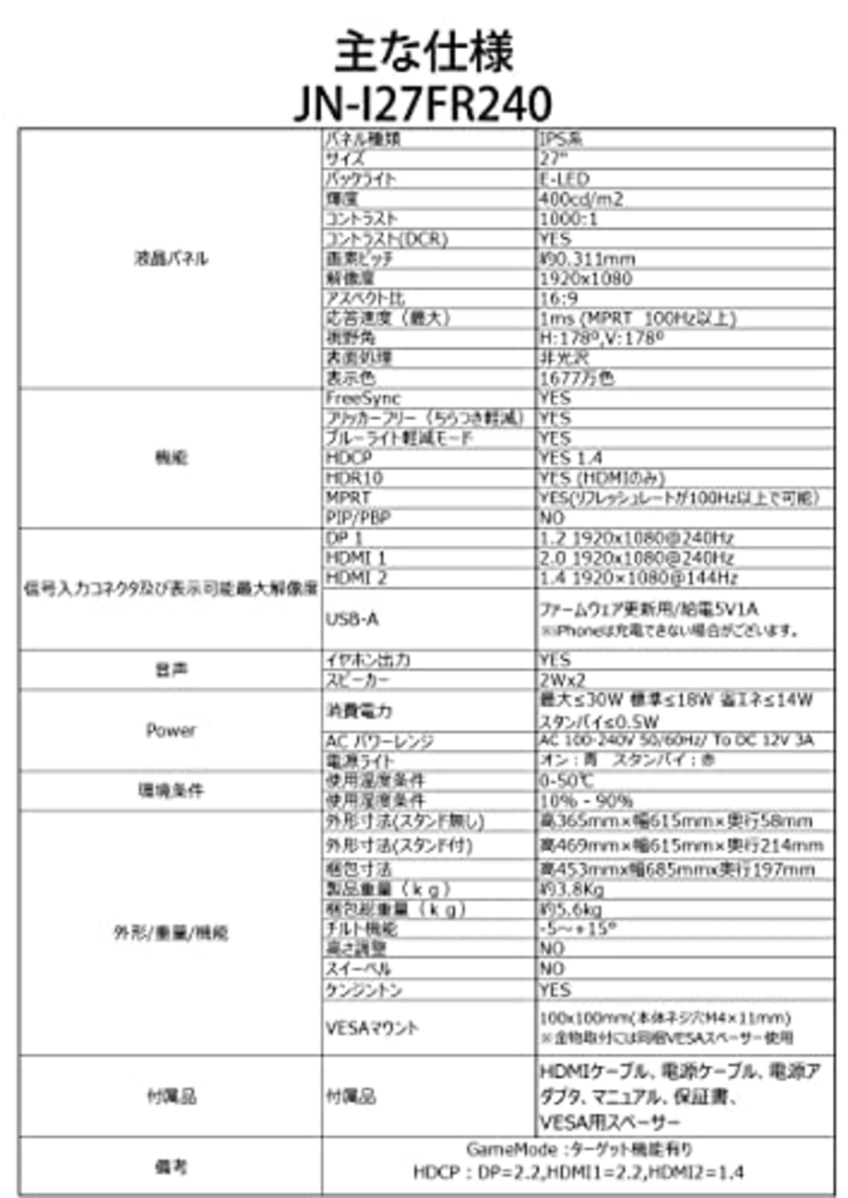  【Amazon.co.jp限定】JAPANNEXT 27型IPS フルHDパネル搭載240Hz対応ゲーミングモニター JN-I27FR240 HDMI DP画像8 