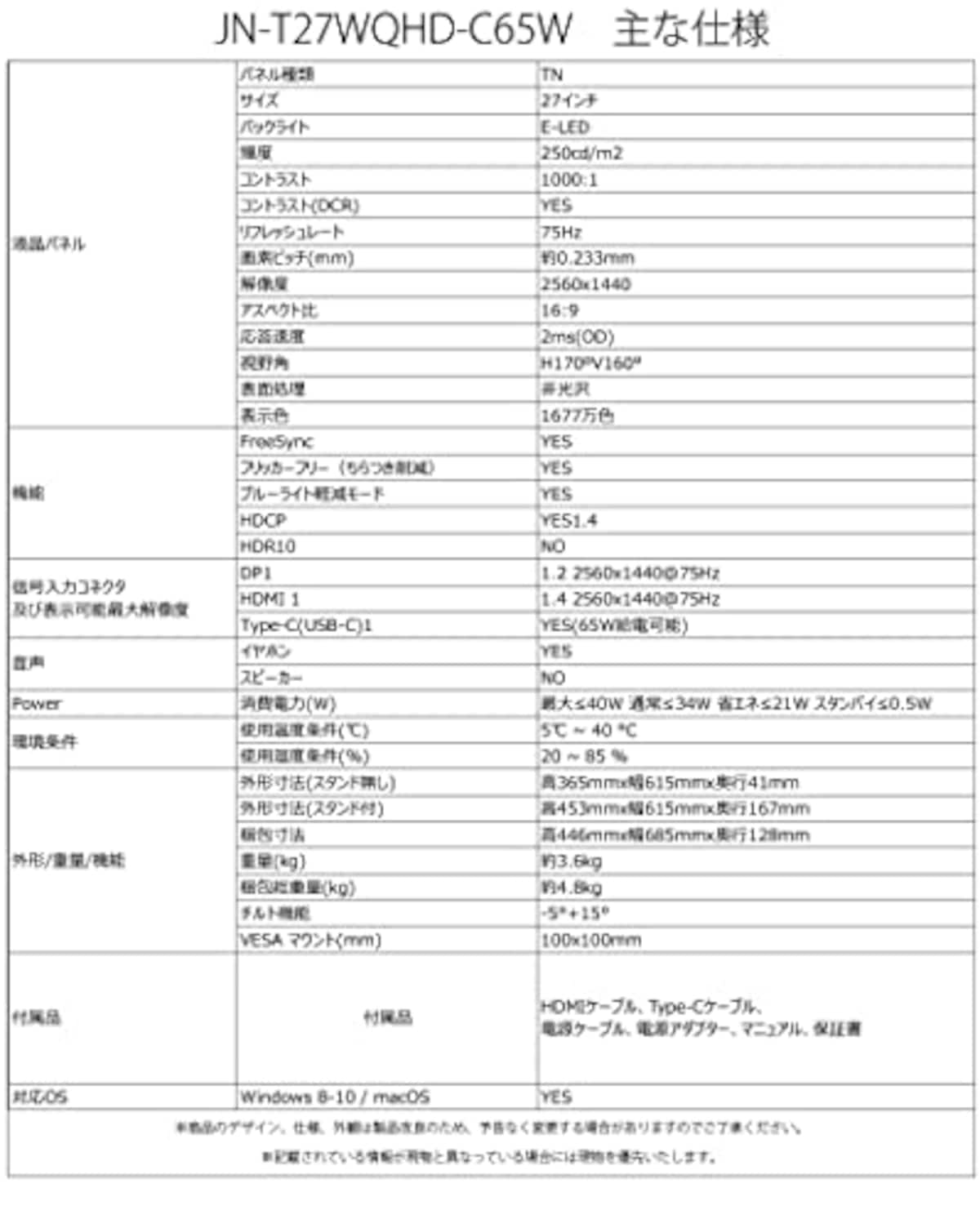  JAPANNEXT 27型WQHD、Type-C 65W給電対応液晶モニターJN-T27WQHD-C65W USB PD USB-C画像7 