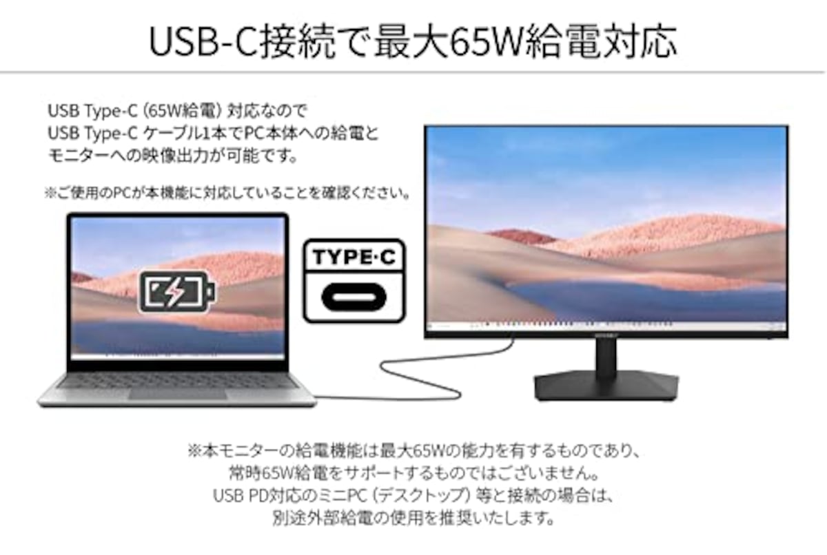  【Amazon.co.jp限定】JAPANNEXT IPSパネル搭載23.8インチ フルHD解像度(1920 x 1080) USB-C給電対応液晶モニターJN-IPS238FHDR-C65W HDMI USB-C(65W給電) KVM機能画像3 