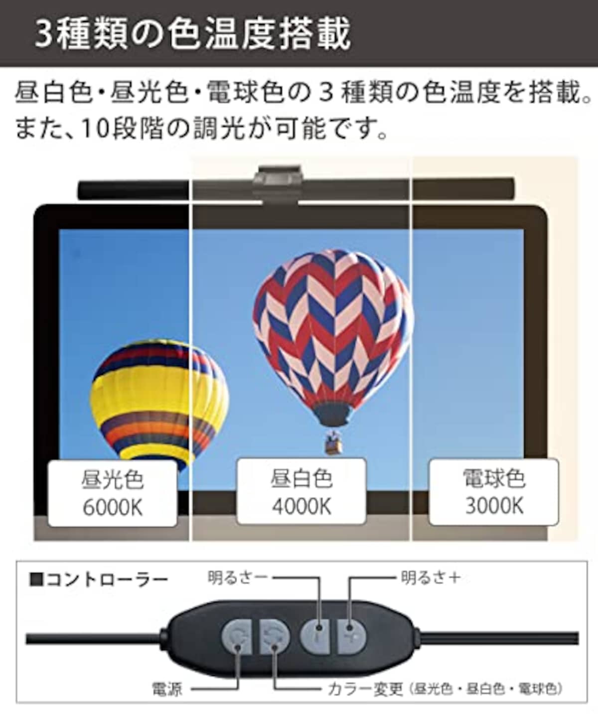  HRN PCモニターライト40 PC用モニターライト クリップ式 デスクライト パソコンライト LEDライト 明るさ調整可能 角度調整 10段階調光 3種色温度画像8 