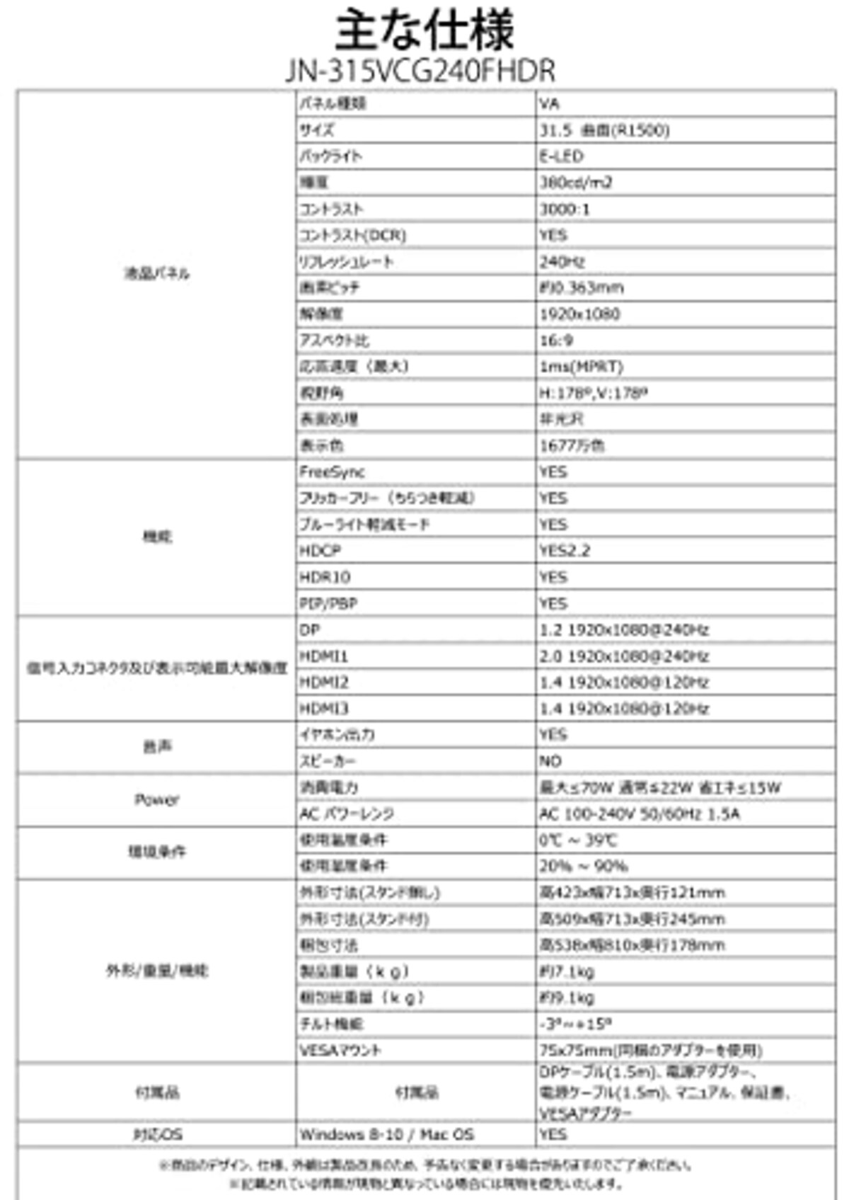  JAPANNEXT 31.5インチ 曲面 Full HD(1920 x 1080) 240Hz 液晶モニター JN-315VCG240FHDR-A HDMI DP画像7 