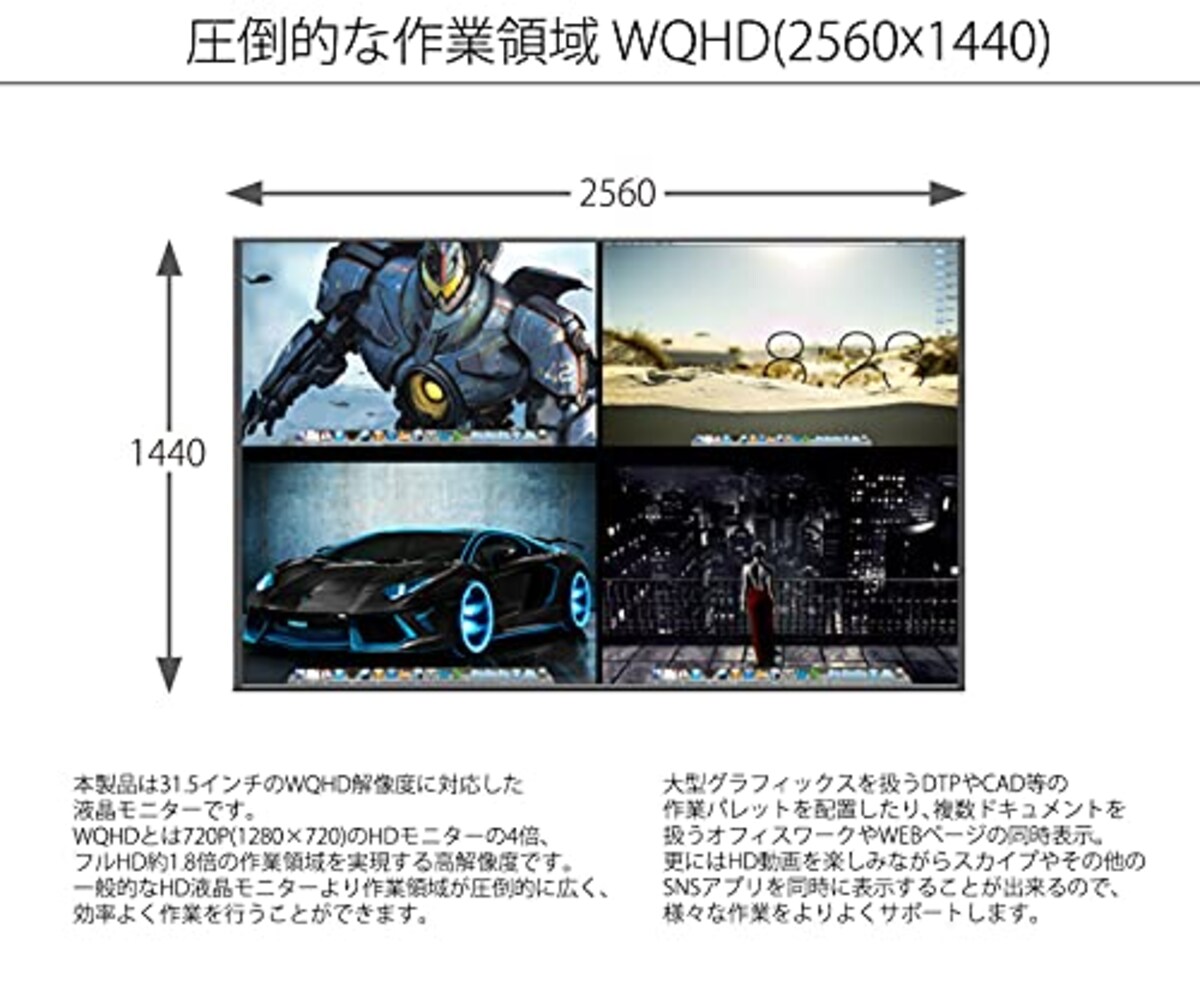  JAPANNEXT 31.5インチ WQHD(2560 x 1440) 液晶モニター JN-IPS315WQHDR HDMI DP画像4 