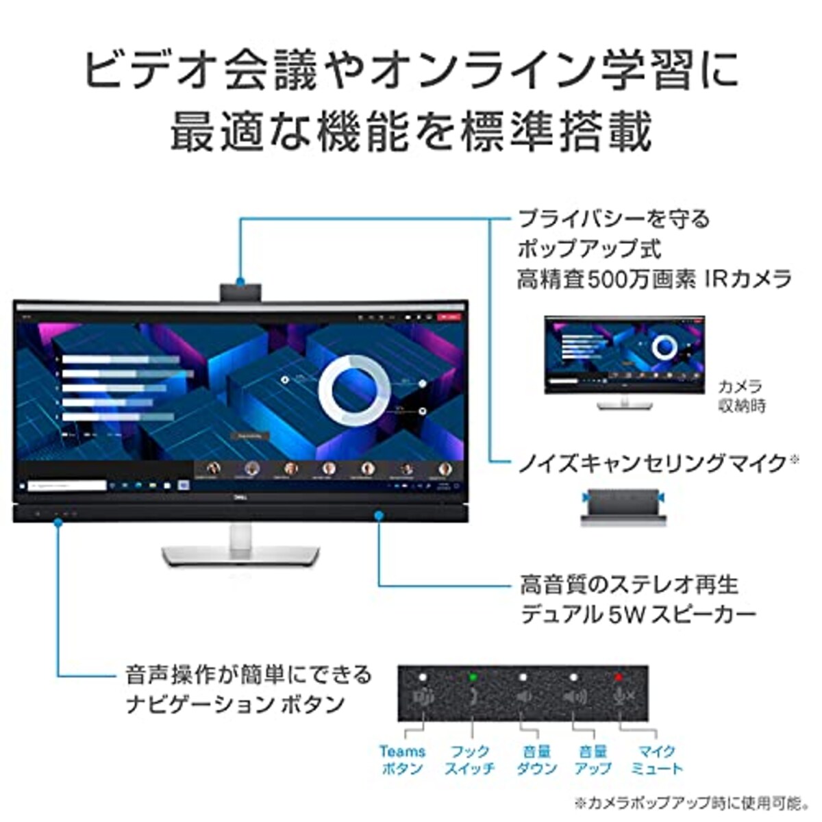  Dell C3422WE 34.14インチ 曲面 ビデオ会議 モニター ディスプレイ (3年間無輝点交換保証/WQHD/IPS 非光沢 3800R曲面/USB-C DisplayPort HDMI/sRGB 99%/高さ 傾き調整/LANポート(RJ45)/ドック搭載/IRカメラ マイク スピーカー) Teams認定 顔認証 収納可能カメラ画像6 