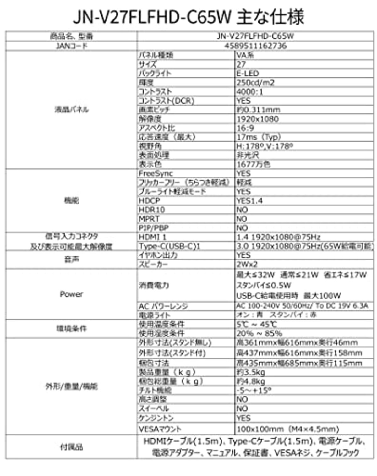  JAPANNEXT 27インチ USB-C給電（65W）対応フルHD液晶モニター JN-V27FLFHD-C65W HDMI USB-C(65W)画像7 