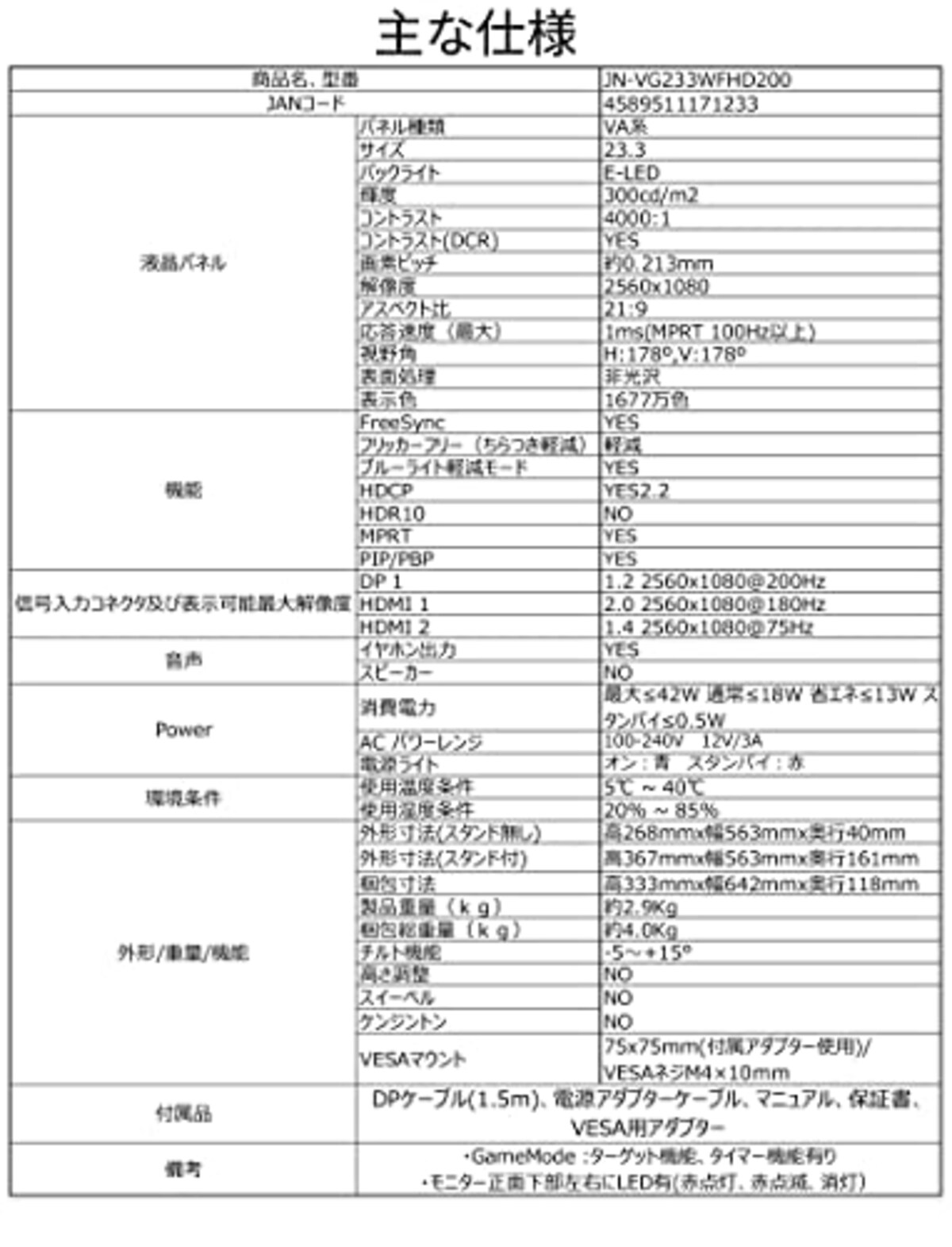  JAPANNEXT 23.3インチ ワイドFHD(2560 x 1080) 200Hz対応 ゲーミングモニター JN-VG233WFHD200 HDMI DP ウルトラワイド PIP/PBP対応画像7 