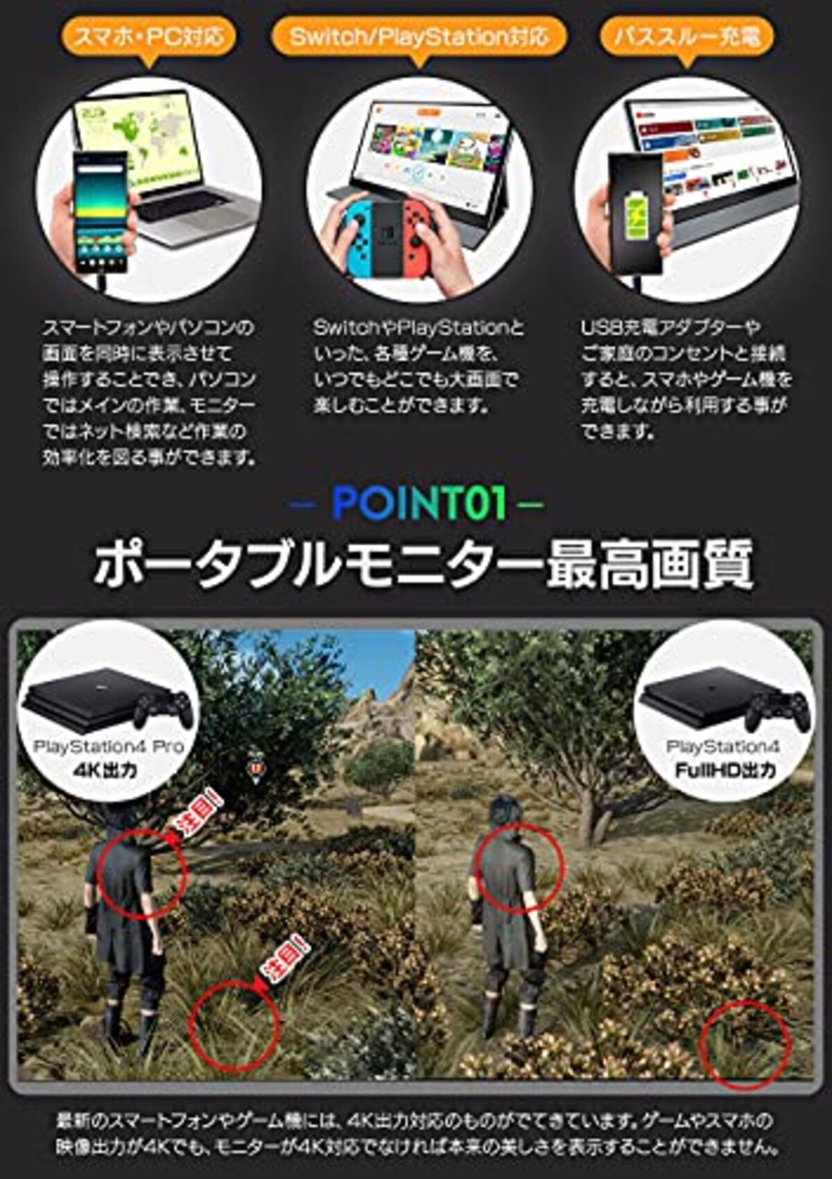 MTK 15.6インチ モバイルディスプレイ 4K 3840×2160解像度 タッチパネル対応 HDMI Type-C スピーカー内蔵 保護カバー付き ACアダプタ付き ブラック PD1564KT画像4 