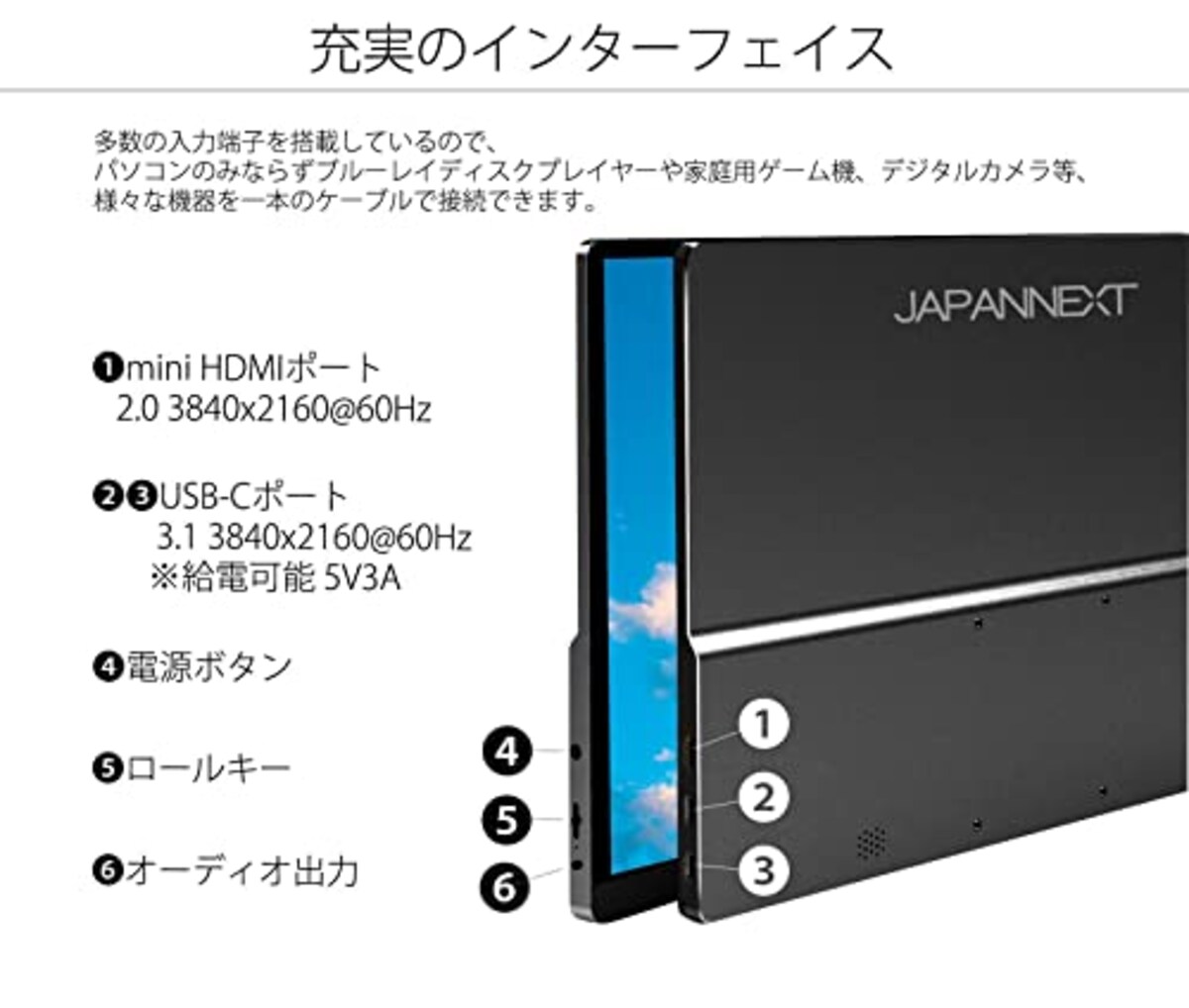  JAPANNEXT JN-MD-IPS1562UHDR-T 15.6型 4Kモバイルモニター タッチ対応 USB Type-C miniHDMI画像5 