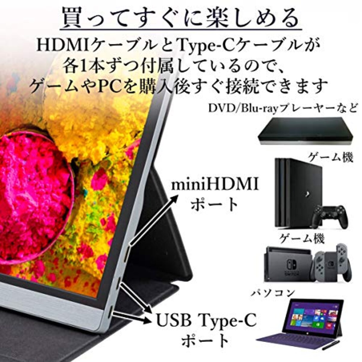  山善 モバイルモニター 15.6インチ モバイルディスプレイ 1080P 1670万色 日本設計 Type-C/HDMI-mini ブルーライト機能 IPSパネル ゲームモード搭載 (PS4 / XBOX/Switch/PC/タブレット 対応) 内蔵スピーカー搭載 薄型 軽量 QMM-156R画像6 
