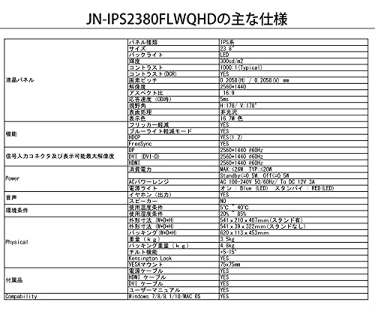  JN-IPS2380FLWQHD 23.8インチ液晶ディスプレイ フレームレス WQHD PCモニター画像9 