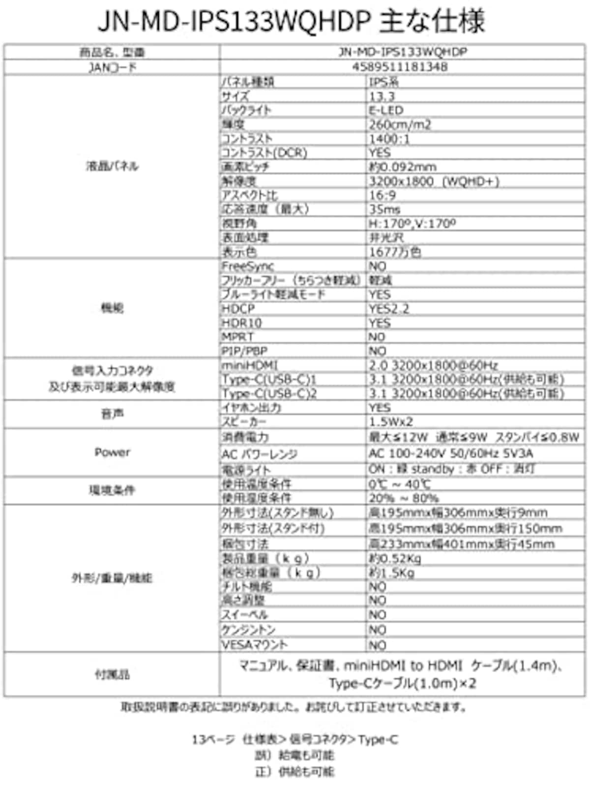  JAPANNEXT JN-MD-IPS133WQHDP 13.3型 3200x1800解像度 モバイルモニター USB Type-C miniHDMI画像6 