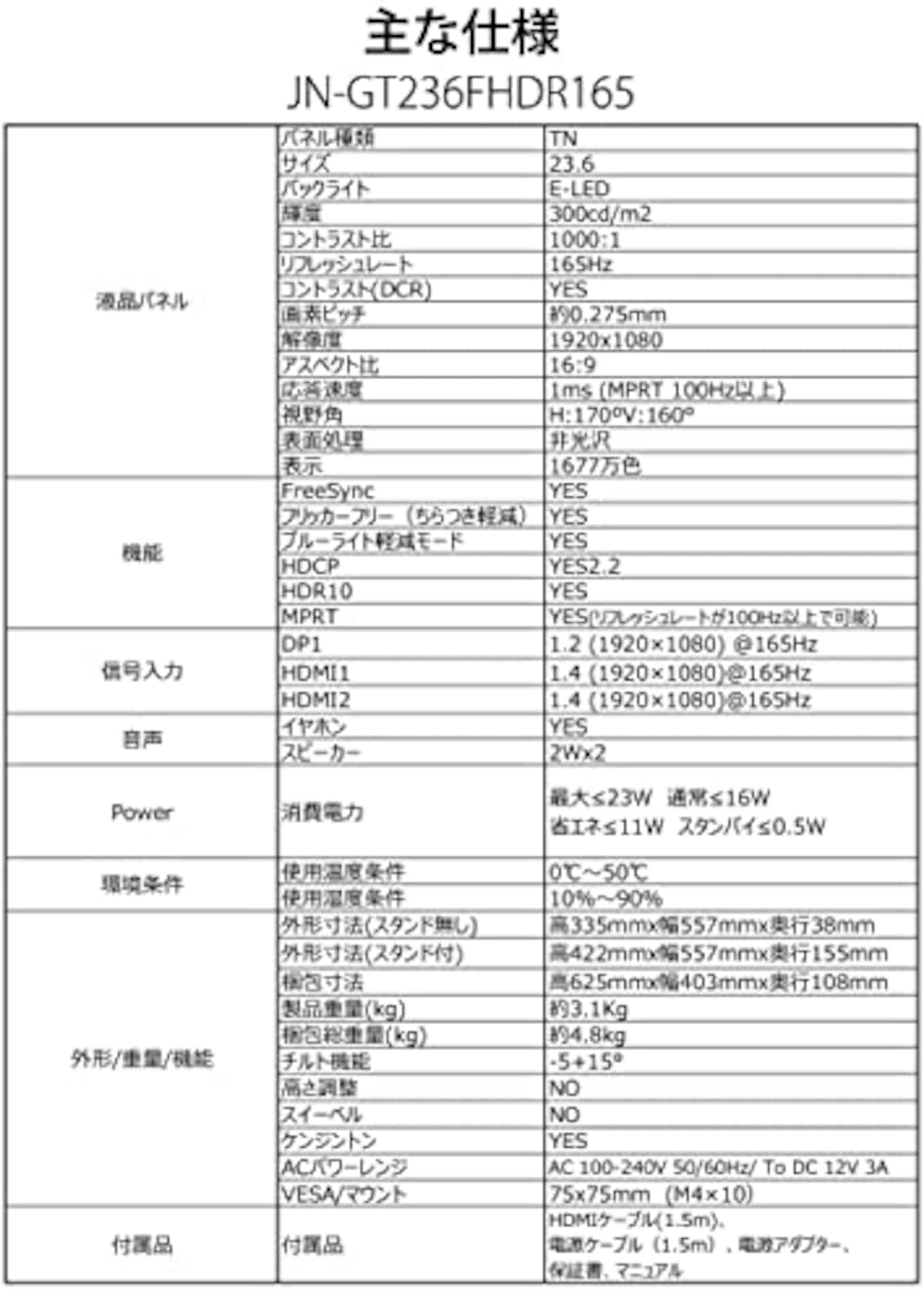  JAPANNEXT 23.6型 フルHD(1920x1080) 液晶ゲーミングモニター JN-GT236FHDR165 HDMI DP 165Hz 144Hz画像7 