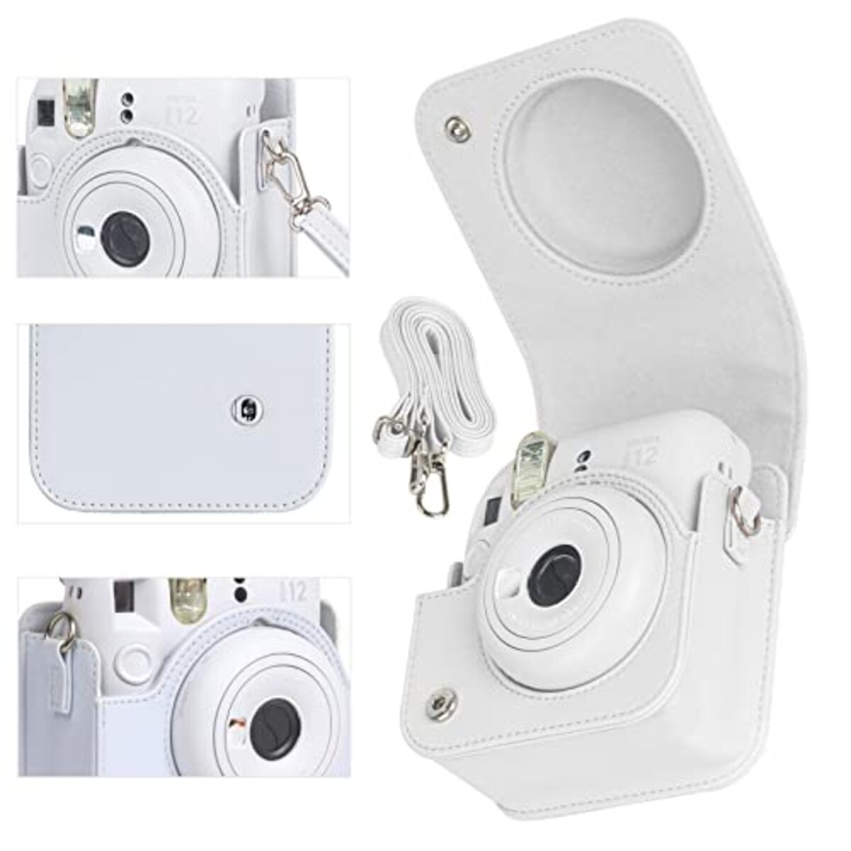  チェキケース instax mini 12用 カメラケース mini12 チェキ カバー Fujifilm チェキ ケース 新モデル 全面保護 傷つけ防止 携帯便利 ショルダーストラップ付き PUレザー (ホワイト)画像2 