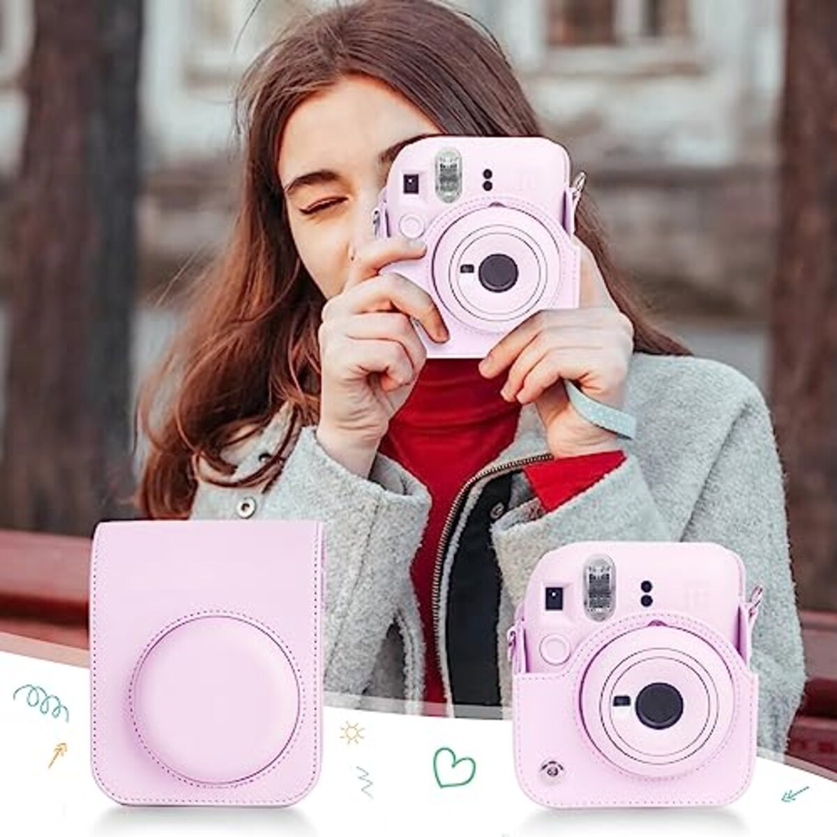  Easy Hood 富士フィルム FUJIFILM チェキ Instax Mini 12 インスタントカメラ用 PUレザー保護ケース Polaroid Mini 12用カメラケース スナップで開閉 着脱可能な保護スリーブ 調節可能なショルダーストラップ付き ピンク画像4 