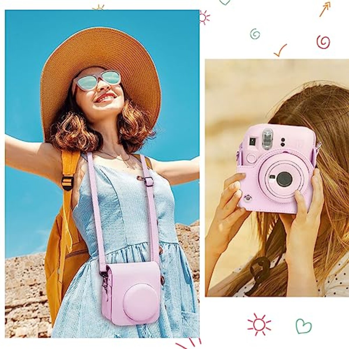  Easy Hood 富士フィルム FUJIFILM チェキ Instax Mini 12 インスタントカメラ用 PUレザー保護ケース Polaroid Mini 12用カメラケース スナップで開閉 着脱可能な保護スリーブ 調節可能なショルダーストラップ付き ピンク画像5 