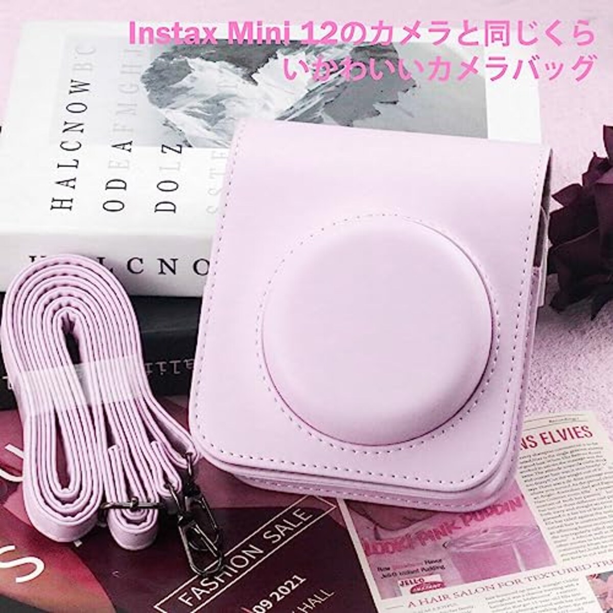  Easy Hood 富士フィルム FUJIFILM チェキ Instax Mini 12 インスタントカメラ用 PUレザー保護ケース Polaroid Mini 12用カメラケース スナップで開閉 着脱可能な保護スリーブ 調節可能なショルダーストラップ付き ピンク画像6 