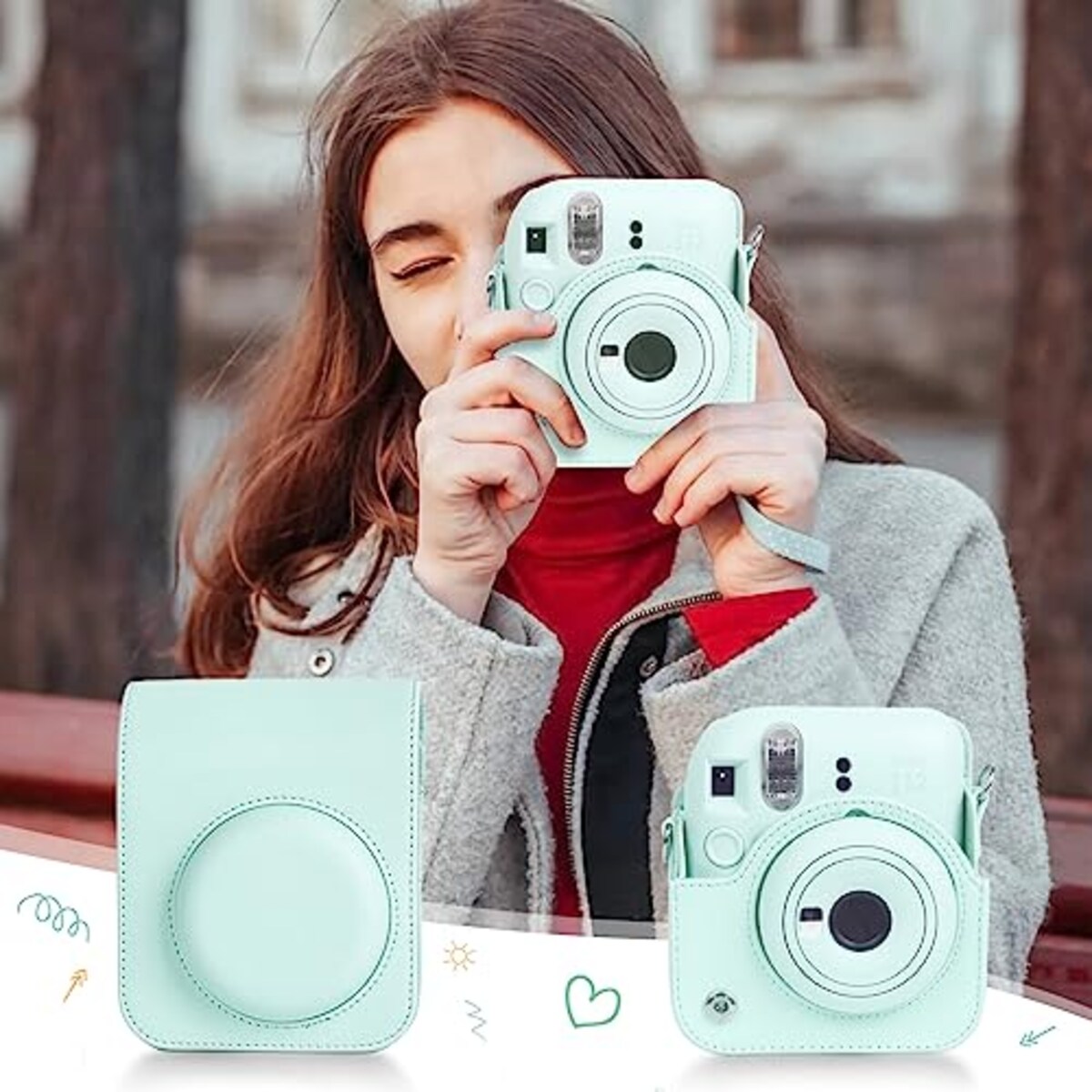  Easy Hood 富士フィルム FUJIFILM チェキ Instax Mini 12 インスタントカメラ用 PUレザー保護ケース Polaroid Mini 12用カメラケース スナップで開閉 着脱可能な保護スリーブ 調節可能なショルダーストラップ付き グリーン画像4 