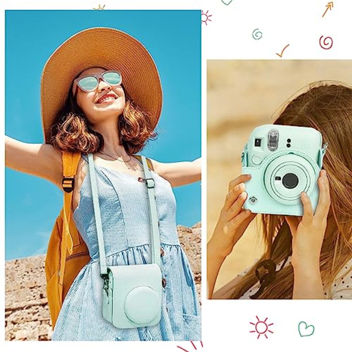  Easy Hood 富士フィルム FUJIFILM チェキ Instax Mini 12 インスタントカメラ用 PUレザー保護ケース Polaroid Mini 12用カメラケース スナップで開閉 着脱可能な保護スリーブ 調節可能なショルダーストラップ付き グリーン画像5 