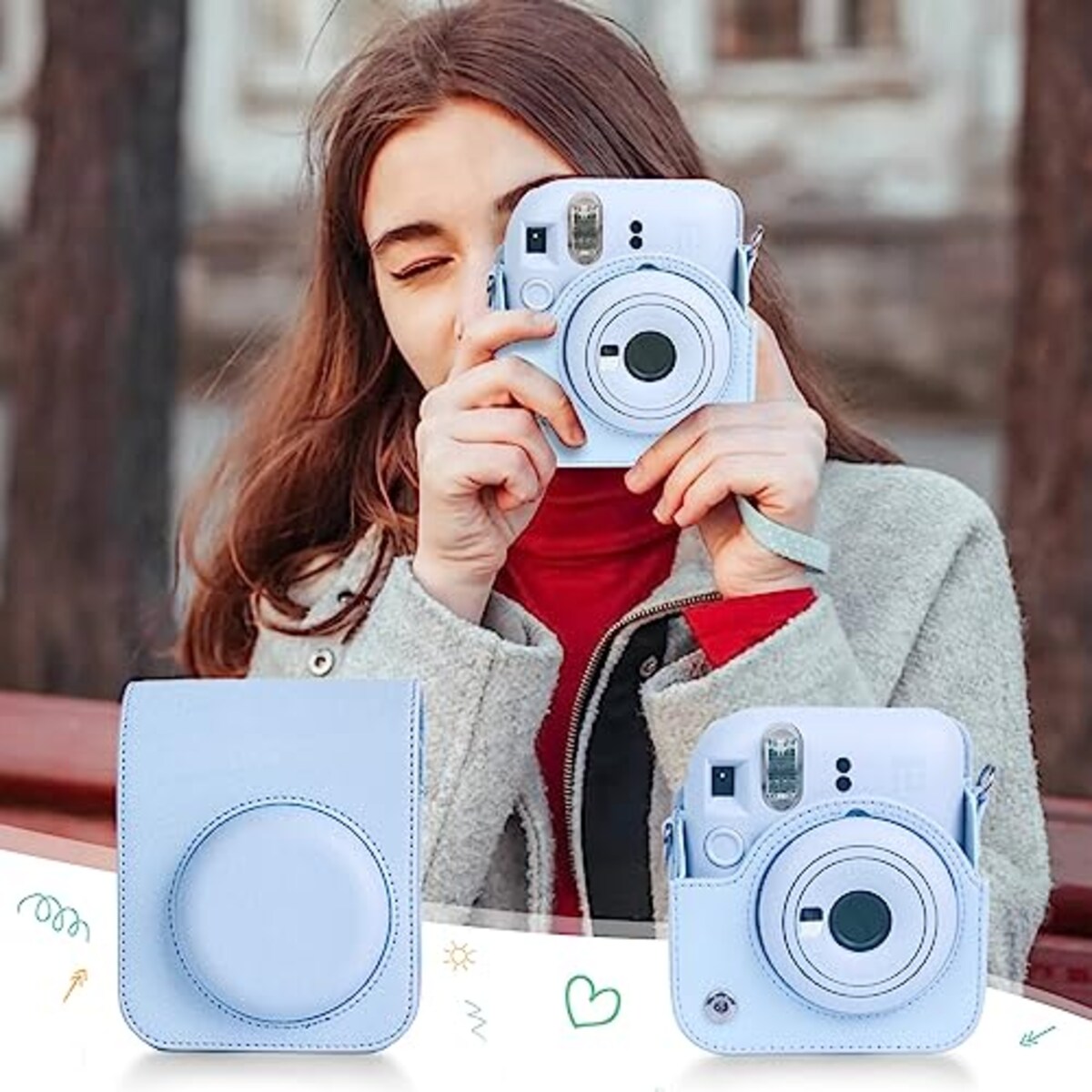  Easy Hood 富士フイルムチェキinstax mini 12インスタントカメラ用 カメラケースInstax Mini 12 Polaroid Mini 12 CAMERA CASE bag PUレザー カメラバック チェキカメラ ケース ストラップ付き ブルー画像4 