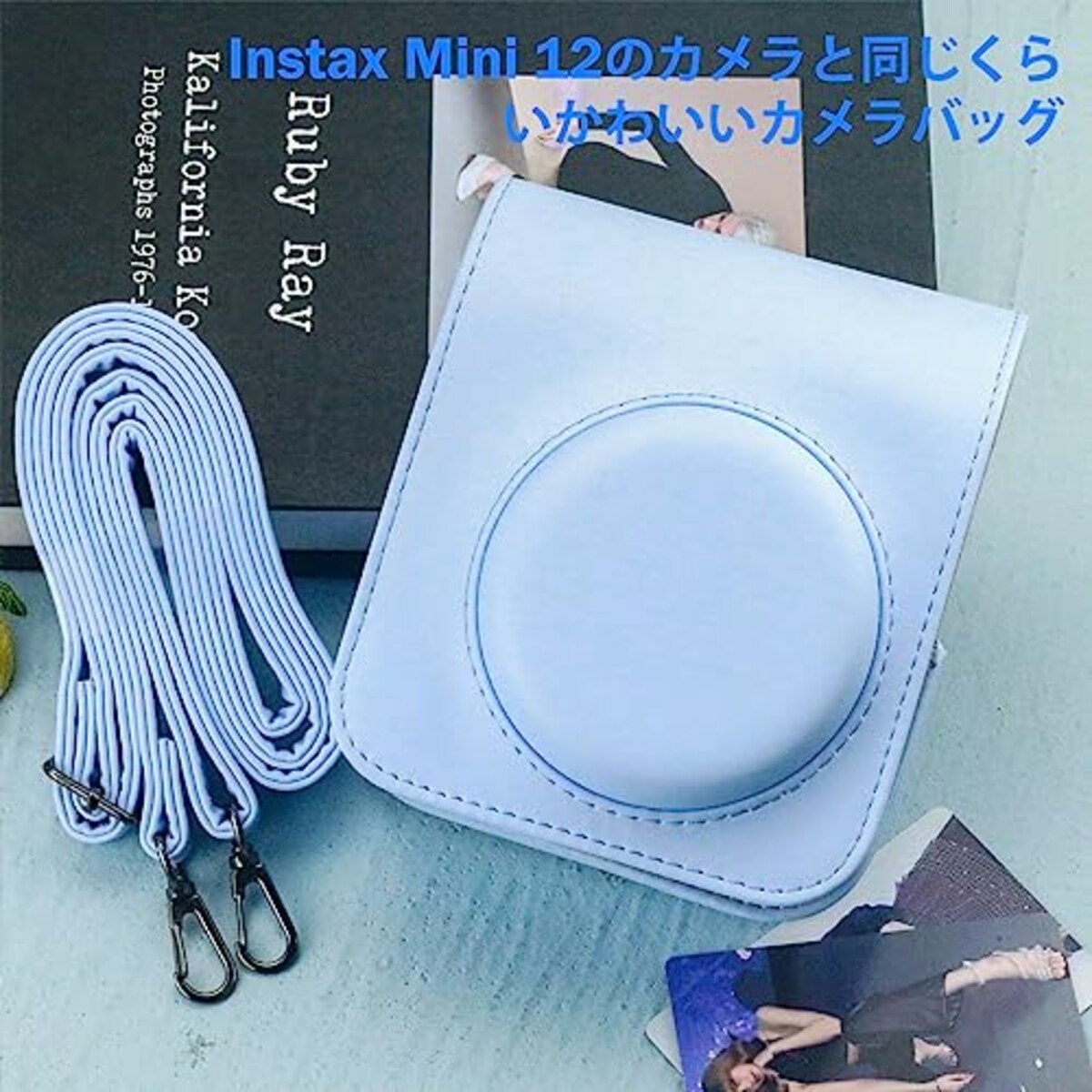  Easy Hood 富士フイルムチェキinstax mini 12インスタントカメラ用 カメラケースInstax Mini 12 Polaroid Mini 12 CAMERA CASE bag PUレザー カメラバック チェキカメラ ケース ストラップ付き ブルー画像6 