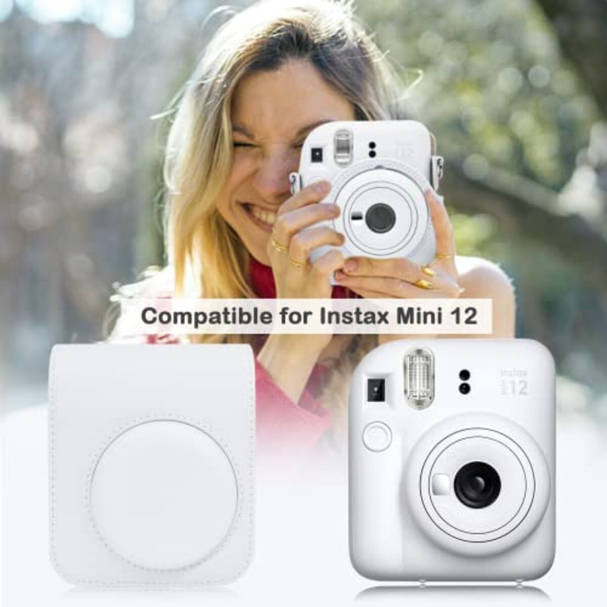  kinokoo instax mini 12 ケース、Fujifilm チェキ INSTAX mini 12 カメラケース チェキケース マグネットで開け ショルダーストラップ付(White)画像2 