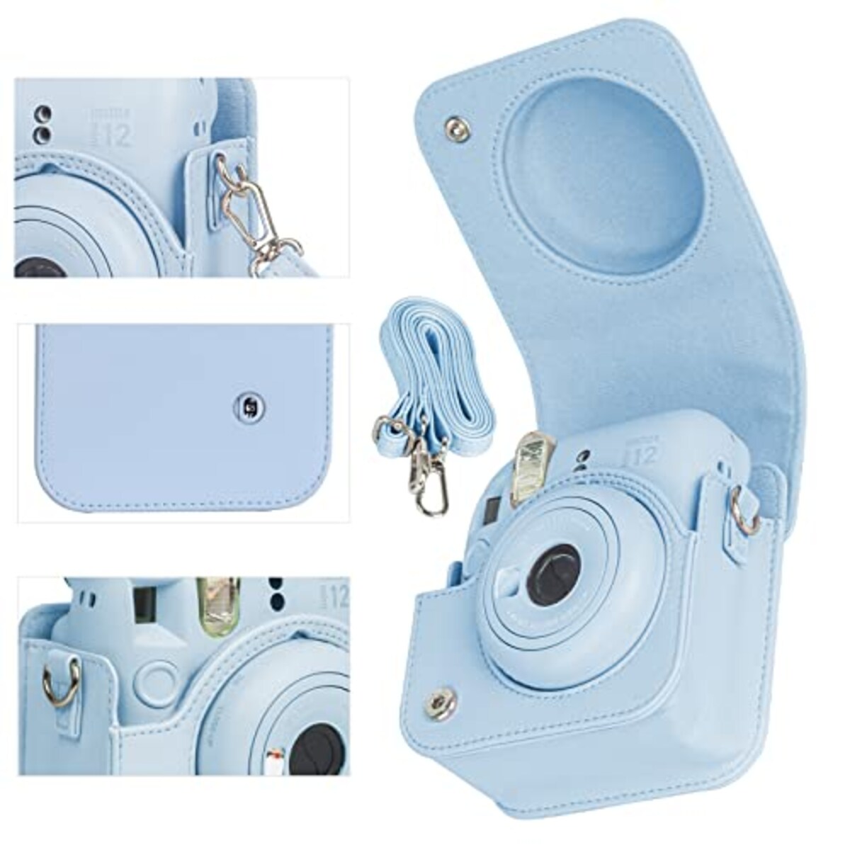  チェキケース instax mini 12用 カメラケース mini12 チェキ カバー Fujifilm チェキ ケース 新モデル 全面保護 傷つけ防止 携帯便利 ショルダーストラップ付き PUレザー (ブルー)画像2 