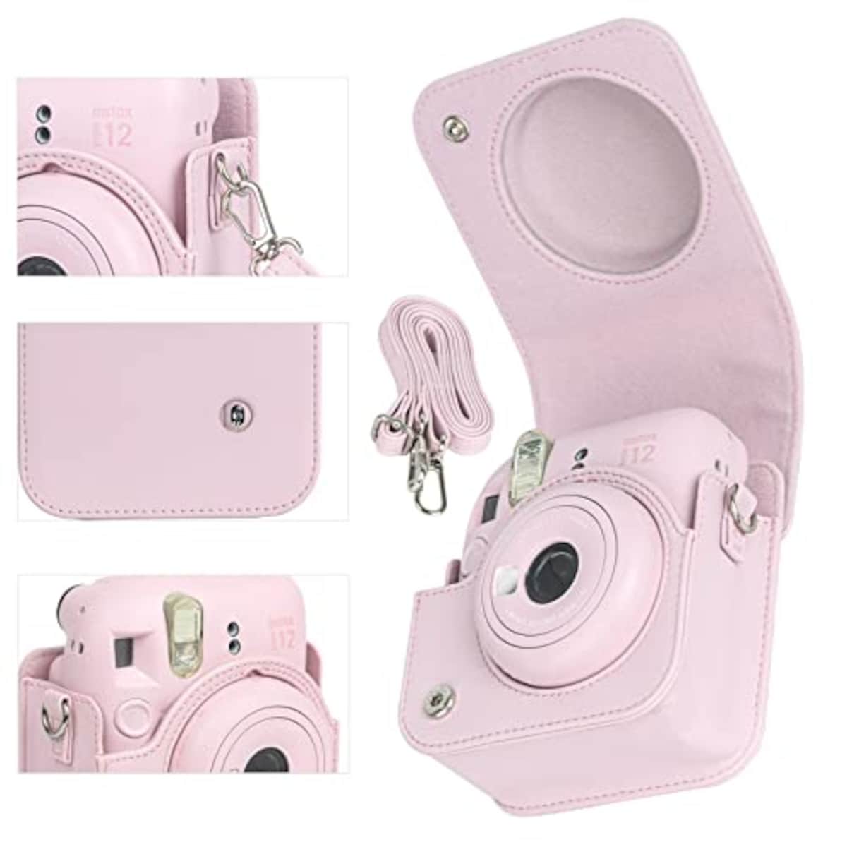  チェキケース instax mini 12用 カメラケース mini12 チェキ カバー Fujifilm チェキ ケース 新モデル 全面保護 傷つけ防止 携帯便利 ショルダーストラップ付き PUレザー (ピンク)画像2 