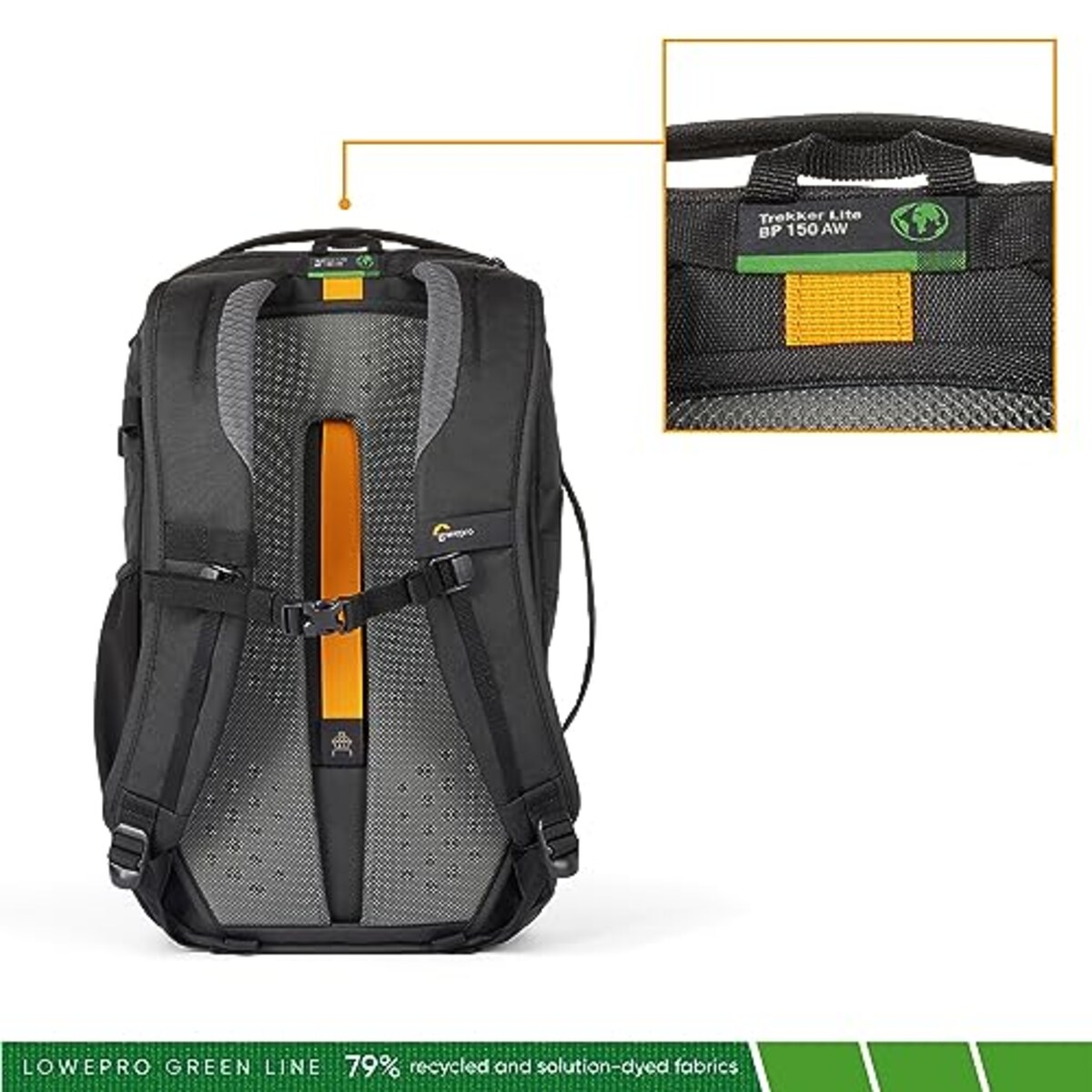  ロープロ(Lowepro) カメラリュック トレッカーライト BP 150 AW GRL ブラック カメラバックパック 12.6L 13インチノートPC収納可 アウトドア グリーンライン サステナブル素材 ミラーレスカメラ LP37459-PWW画像2 