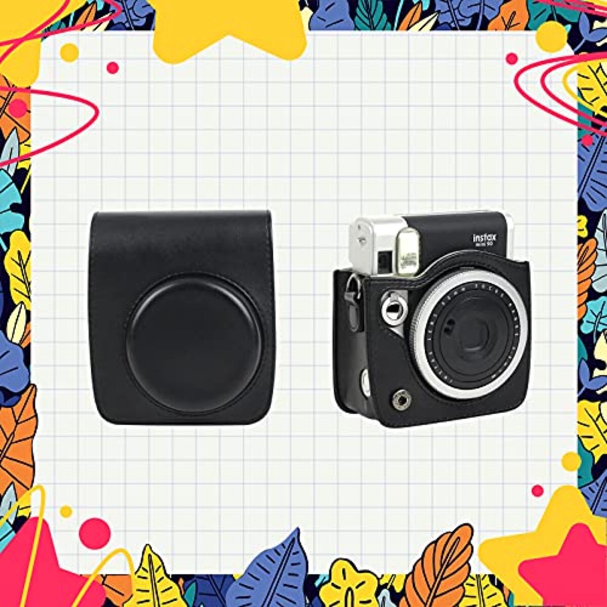  HIYQIN チェキケース,FUJIFILM instax mini90 カメラケース カメラ保護バッグ ショルダーストラップ付き PUレザー(ブラック)画像5 