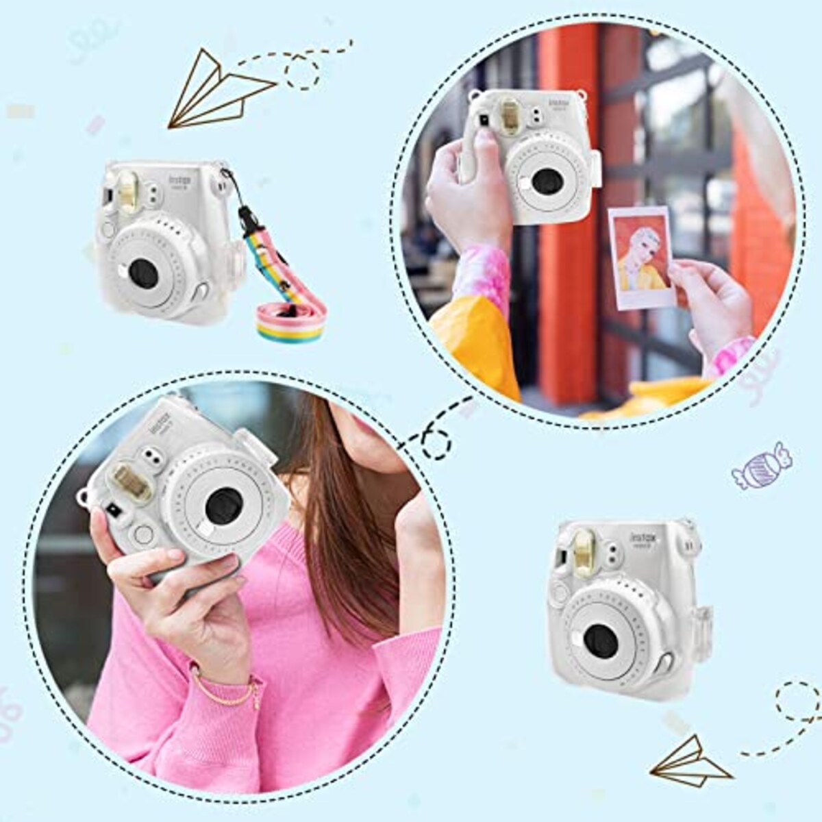  kinokoo Fujifilm チェキ instax mini 8/mini8+/mini9 ケース instax mini 9/mini8/mini8+ カメラケース ハード PVC カバー ショルダーストラップ付き(透明)画像6 