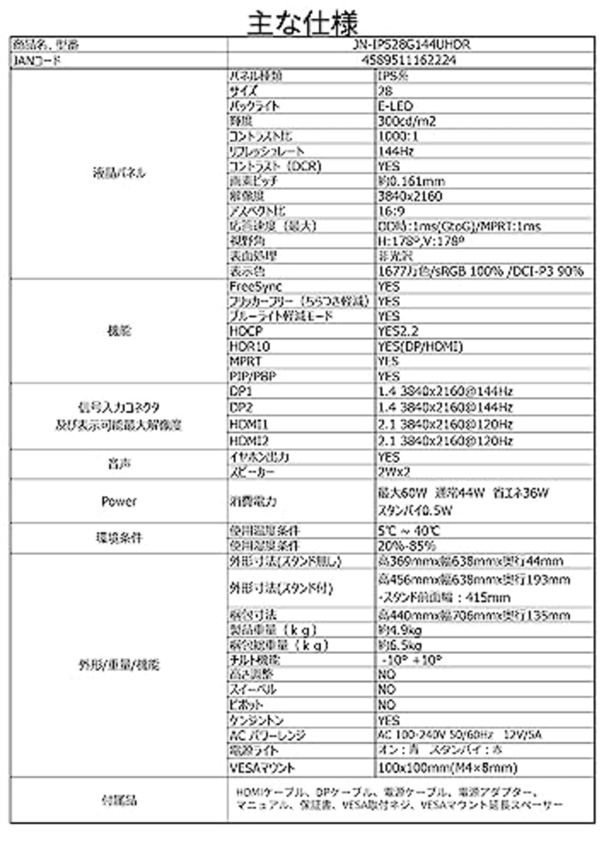  JAPANNEXT 28インチ 4K(3840x2160)解像度 144Hzリフレッシュレート対応 4Kゲーミングモニター JN-IPS28G144UHDR HDMI DP PBP/PIP対応 sRGB 100% DCI-P3 90% VRR対応画像7 