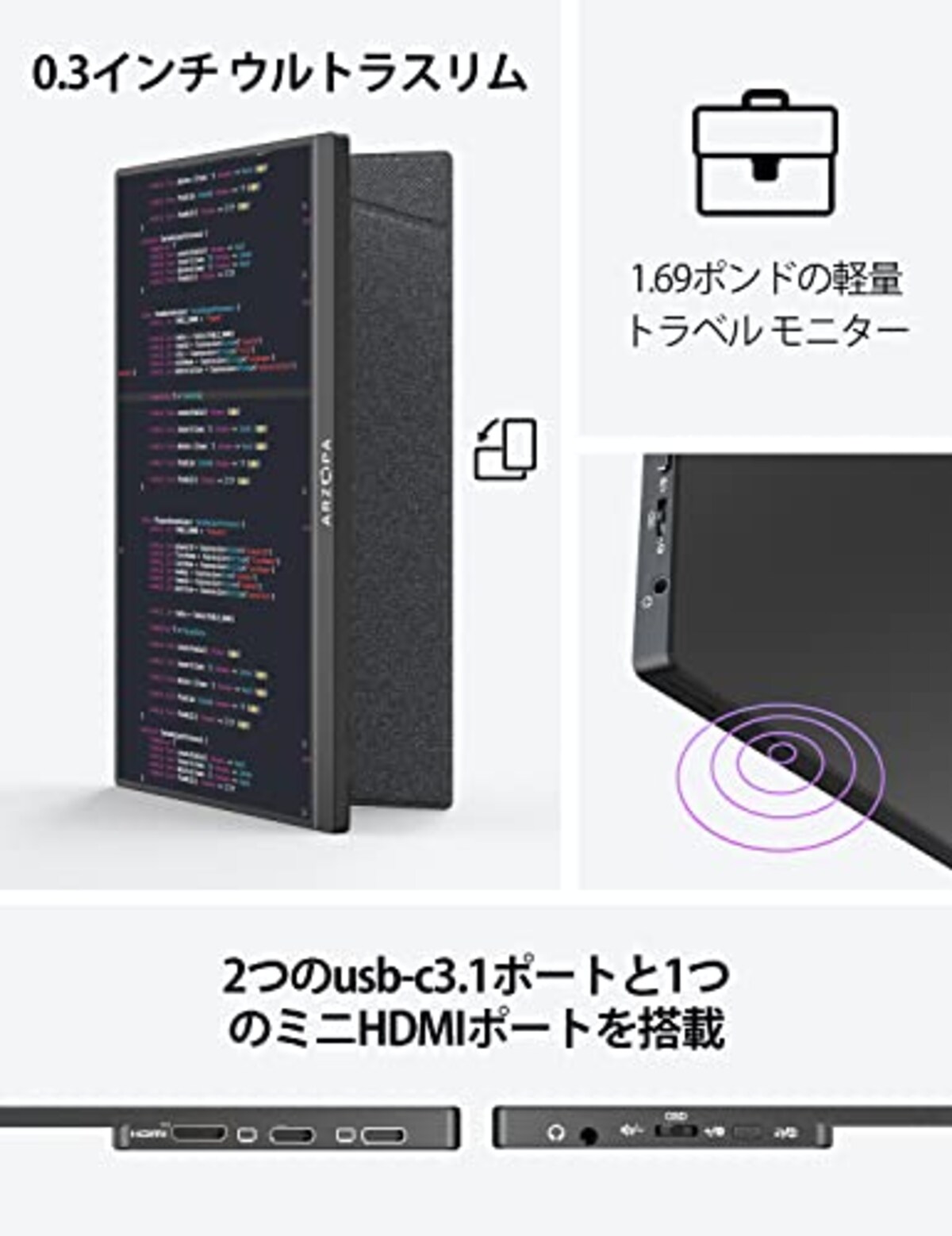  モバイルモニター 15.6インチ ARZOPA モバイルディスプレイ 100％sRGB広色域 ポータブルモニター 画像比調整可能 狭額縁 ゲームモニター スピーカー内蔵 HDRモード対応 超薄型 軽量 非光沢IPSパネル 1920x1080 USB Type-C/mini HDMI PS4/PS5/XBOX/Switch/PC/Macなど対応 A1C画像5 