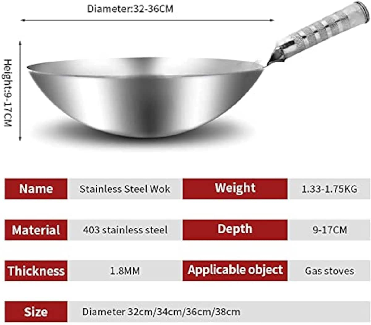  ステンレス鋼中華鍋、鉄ハンドル中華鍋、厚さ1.8mmの中華手作り中華鍋、食品グレードの厚みのあるノンスティック加工のない丸底業務用家庭用中華鍋、家庭用ガスストーブ専用 (36cm)画像3 