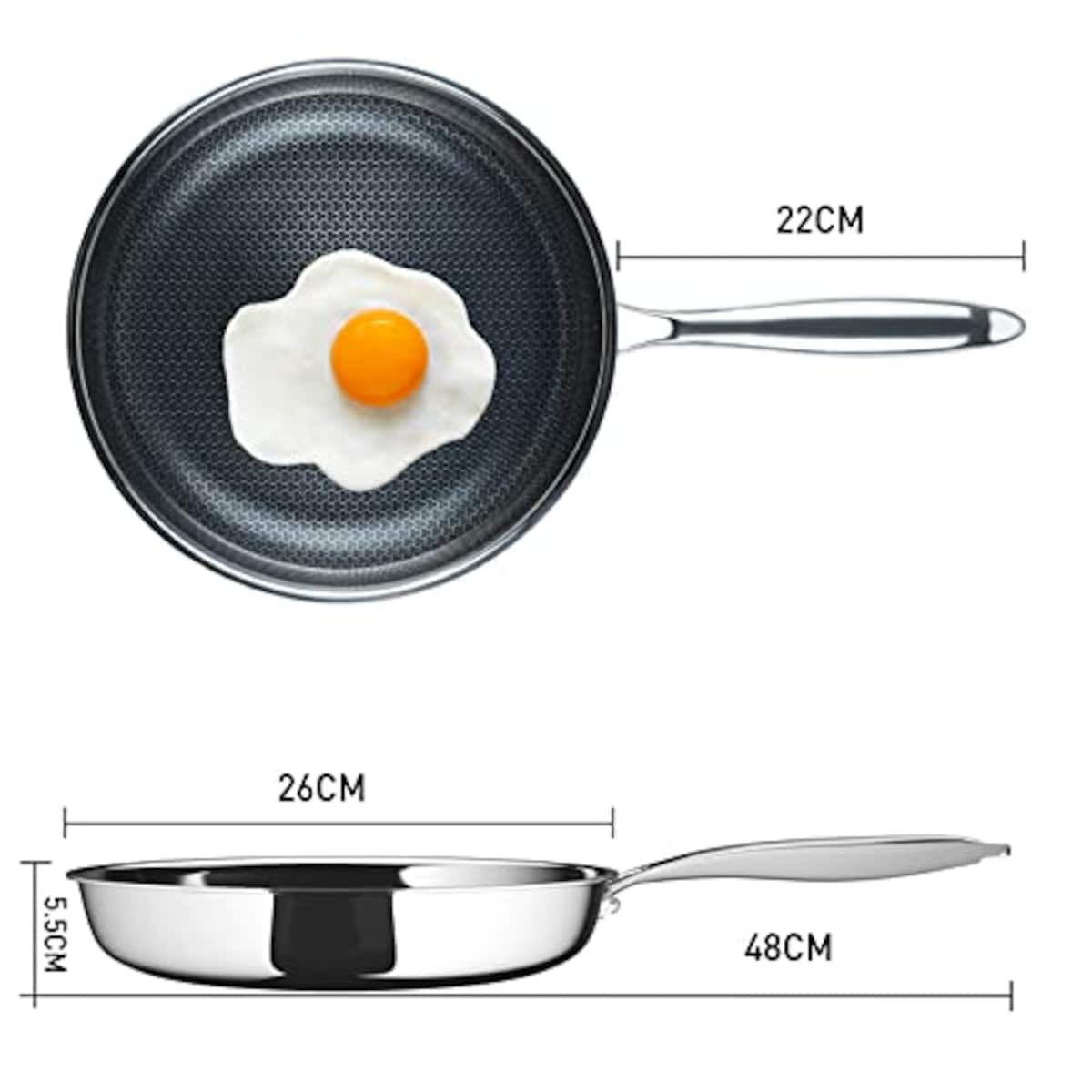  Fijinhom フライパン 26cm ステンレス 5層 構造 IH対応 最高の耐久性 軽量 全て熱源対応 高熱効率 有害物質を含まない 食器洗機対応画像7 