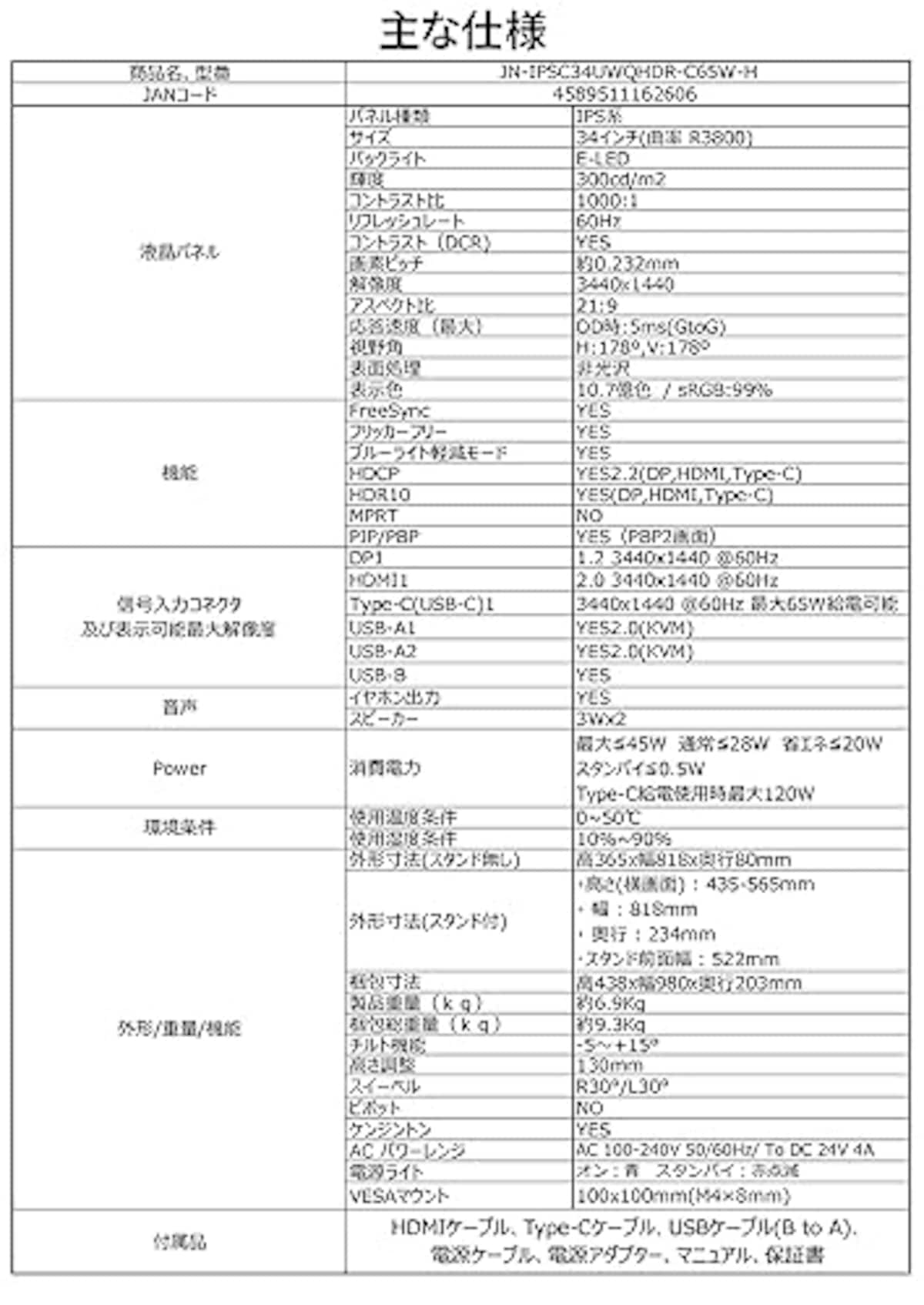  JAPANNEXT 34インチ曲面 IPSパネル UWQHD(3440 x 1440)解像度 ウルトラワイドモニター JN-IPSC34UWQHDR-C65W-H USB-C給電（最大65W） HDMI DP KVM機能 sRGB99% 昇降式スタンド画像7 