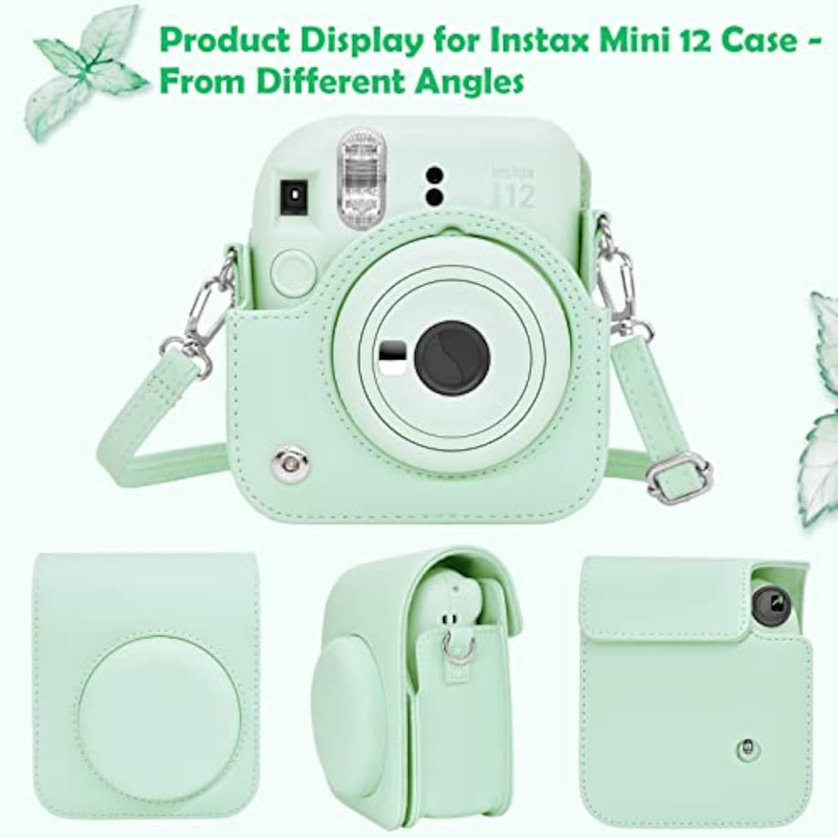  kinokoo instax mini 12 ケース、Fujifilm チェキ INSTAX mini 12 カメラケース スナップで開閉 チェキケース ショルダーストラップ付(グリーン)画像4 