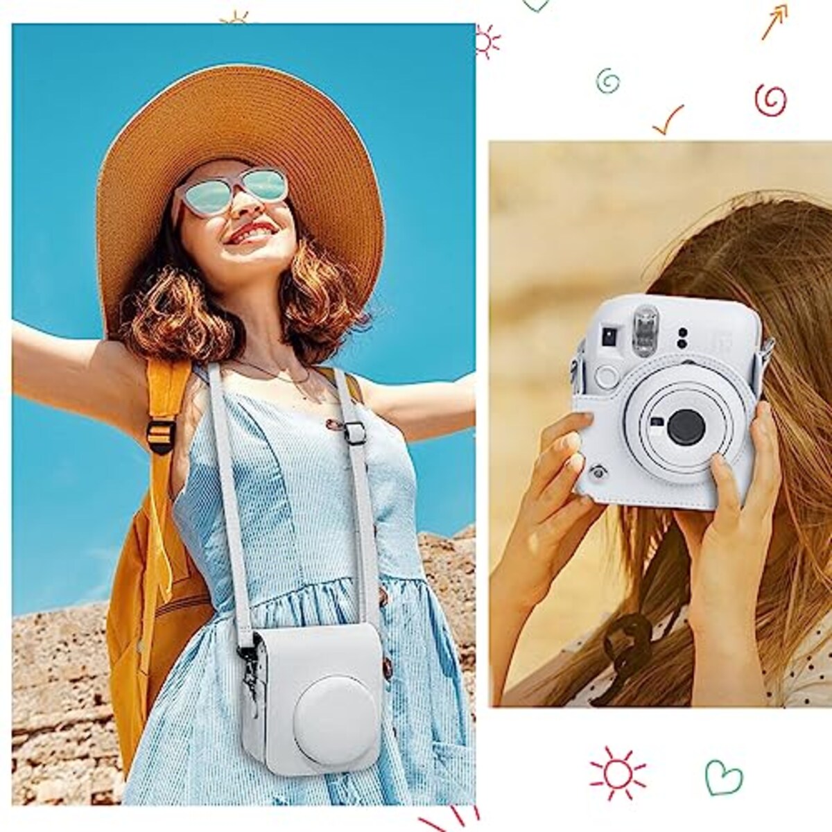  Easy Hood 富士フィルム FUJIFILM チェキ Instax Mini 12 インスタントカメラ用 PUレザー保護ケース Polaroid Mini 12用カメラケース スナップで開閉 着脱可能な保護スリーブ 調節可能なショルダーストラップ付き ホワイト画像5 