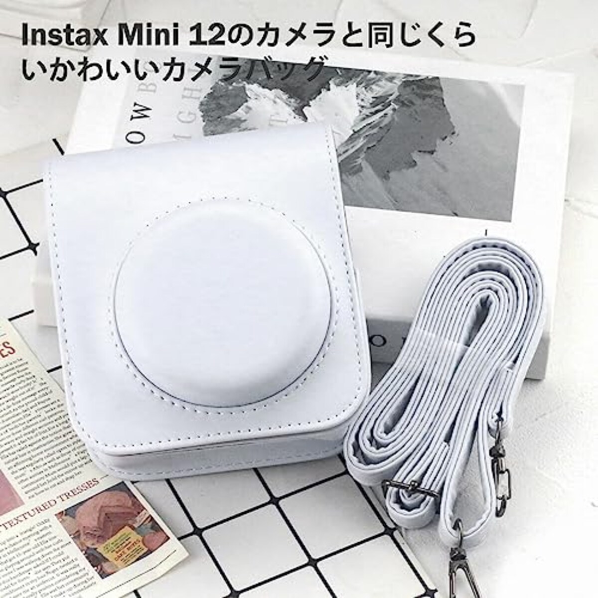  Easy Hood 富士フィルム FUJIFILM チェキ Instax Mini 12 インスタントカメラ用 PUレザー保護ケース Polaroid Mini 12用カメラケース スナップで開閉 着脱可能な保護スリーブ 調節可能なショルダーストラップ付き ホワイト画像6 