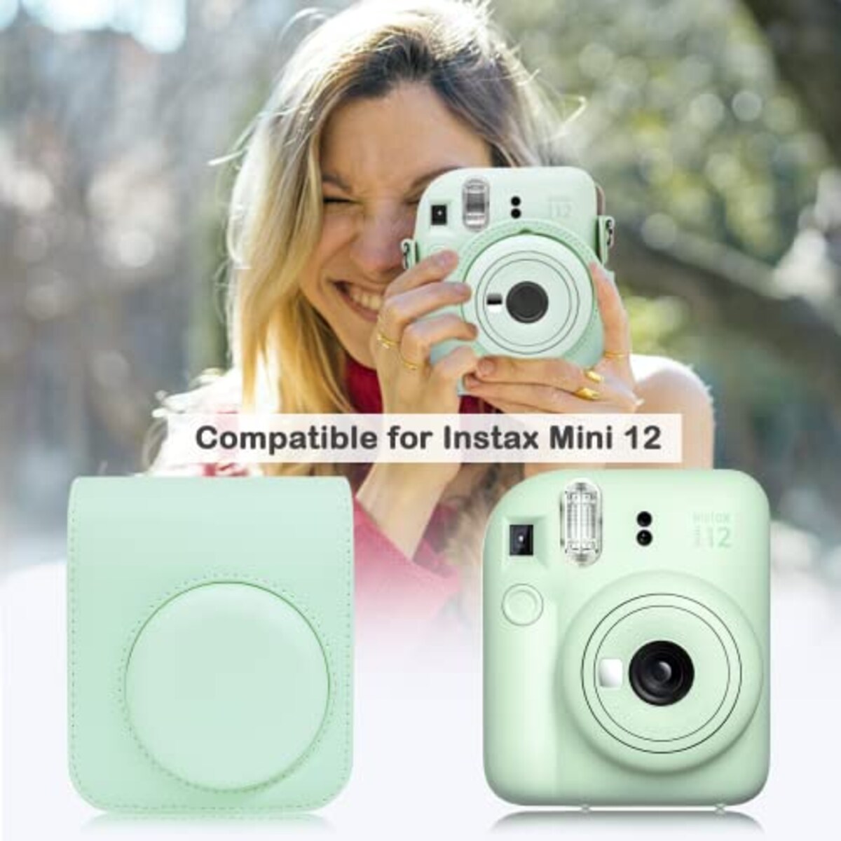  kinokoo instax mini 12 ケース、Fujifilm チェキ INSTAX mini 12 カメラケース チェキケース マグネットで開け ショルダーストラップ付(Green)画像2 