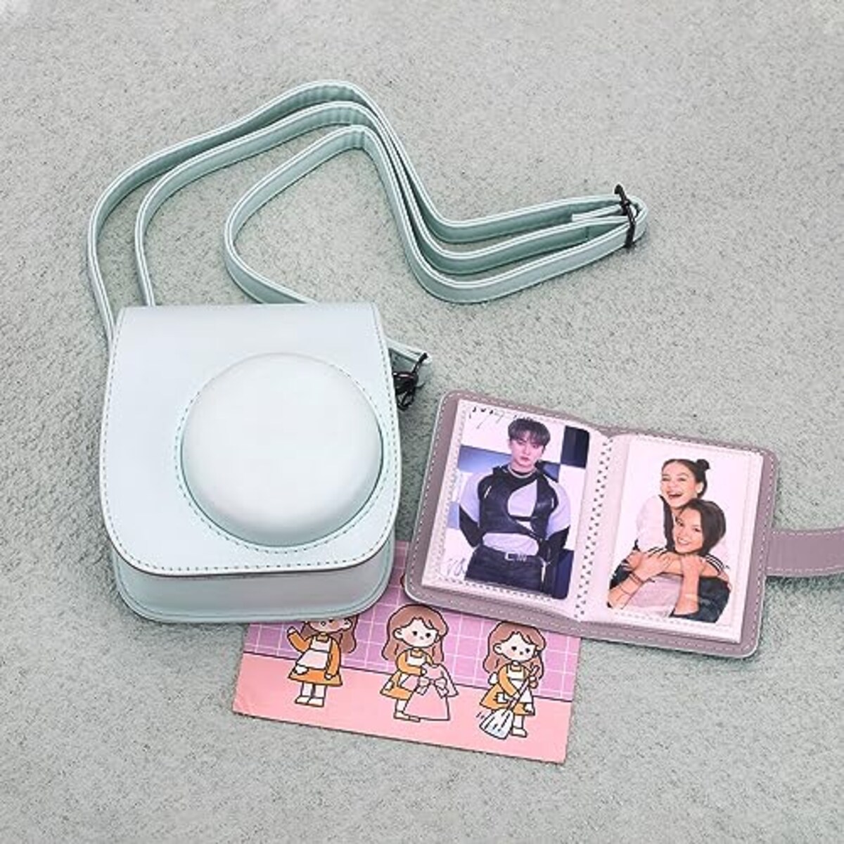  チェキケース instax mini 12/11/8/8+/9 用 カメラケース mini12 11 CAMERA CASE Fujifilm チェキ 保護ケース ショルダーストラップ付き PUレザー(Green)画像4 