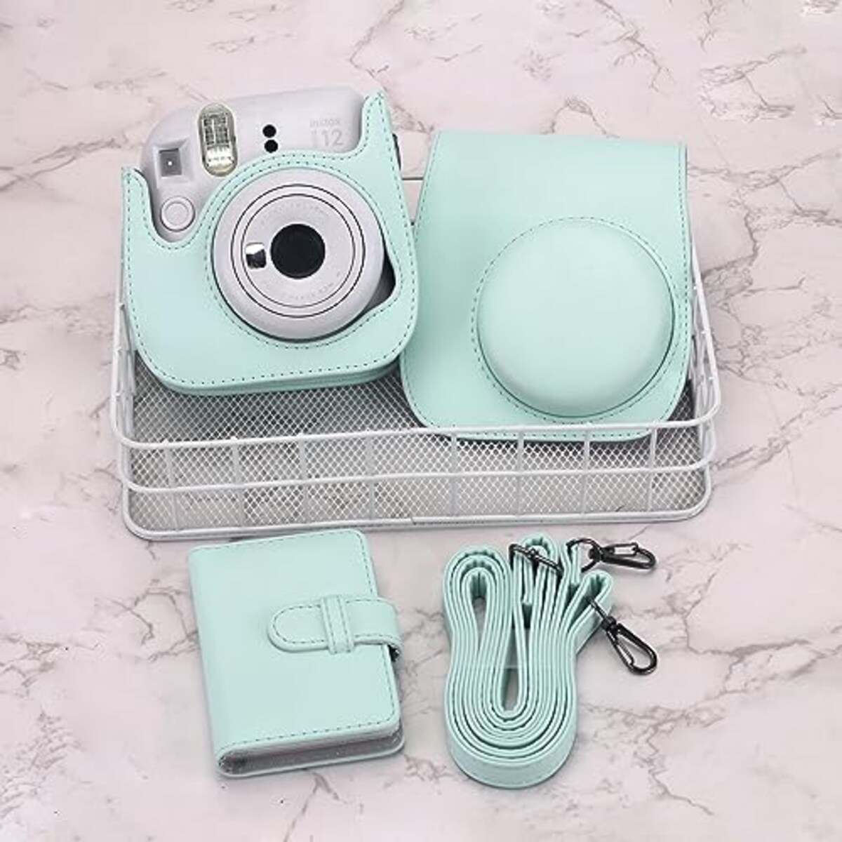  チェキケース instax mini 12/11/8/8+/9 用 カメラケース mini12 11 CAMERA CASE Fujifilm チェキ 保護ケース ショルダーストラップ付き PUレザー(Green)画像6 