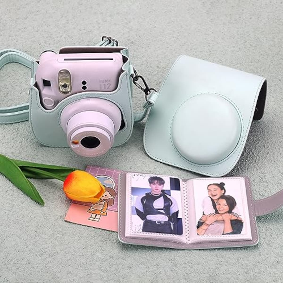  チェキケース instax mini 12/11/8/8+/9 用 カメラケース mini12 11 CAMERA CASE Fujifilm チェキ 保護ケース ショルダーストラップ付き PUレザー(Green)画像7 