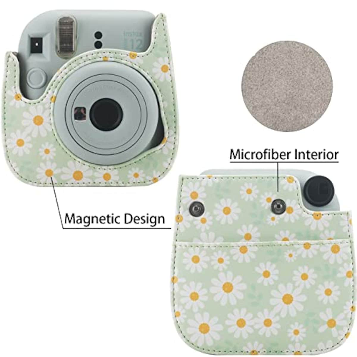  富士フィルム チェキ ケース instax mini 8/9/11/12 カメラケース INS MINI 8/9/11/12 CAMERA CASE PUレザー 保護 調節可能 ショルダーストラップ付き(グリーンデイジー)画像3 