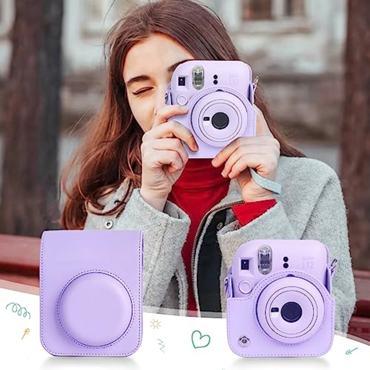  Easy Hood 富士フィルム FUJIFILM チェキ Instax Mini 12 インスタントカメラ用 PUレザー保護ケース Polaroid Mini 12用カメラケース スナップで開閉 着脱可能な保護スリーブ 調節可能なショルダーストラップ付き パープル画像4 