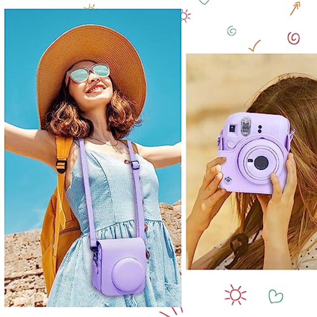  Easy Hood 富士フィルム FUJIFILM チェキ Instax Mini 12 インスタントカメラ用 PUレザー保護ケース Polaroid Mini 12用カメラケース スナップで開閉 着脱可能な保護スリーブ 調節可能なショルダーストラップ付き パープル画像5 